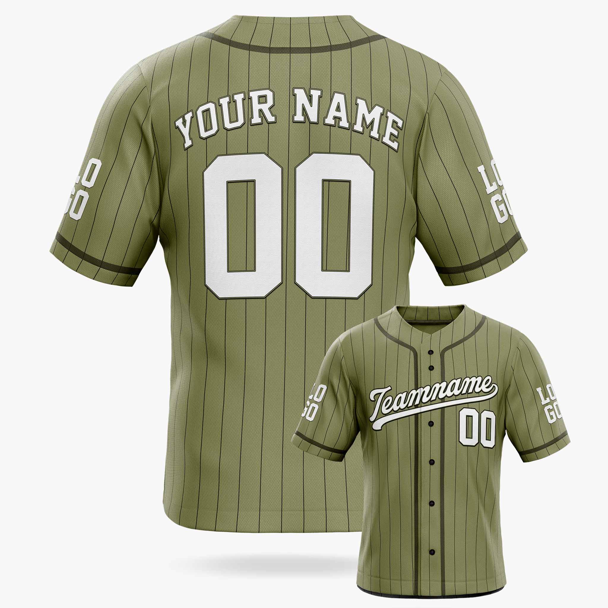 Custom Pinstripe Baseball Jersey Army Green and White With Piping - Design Your Own Jersey