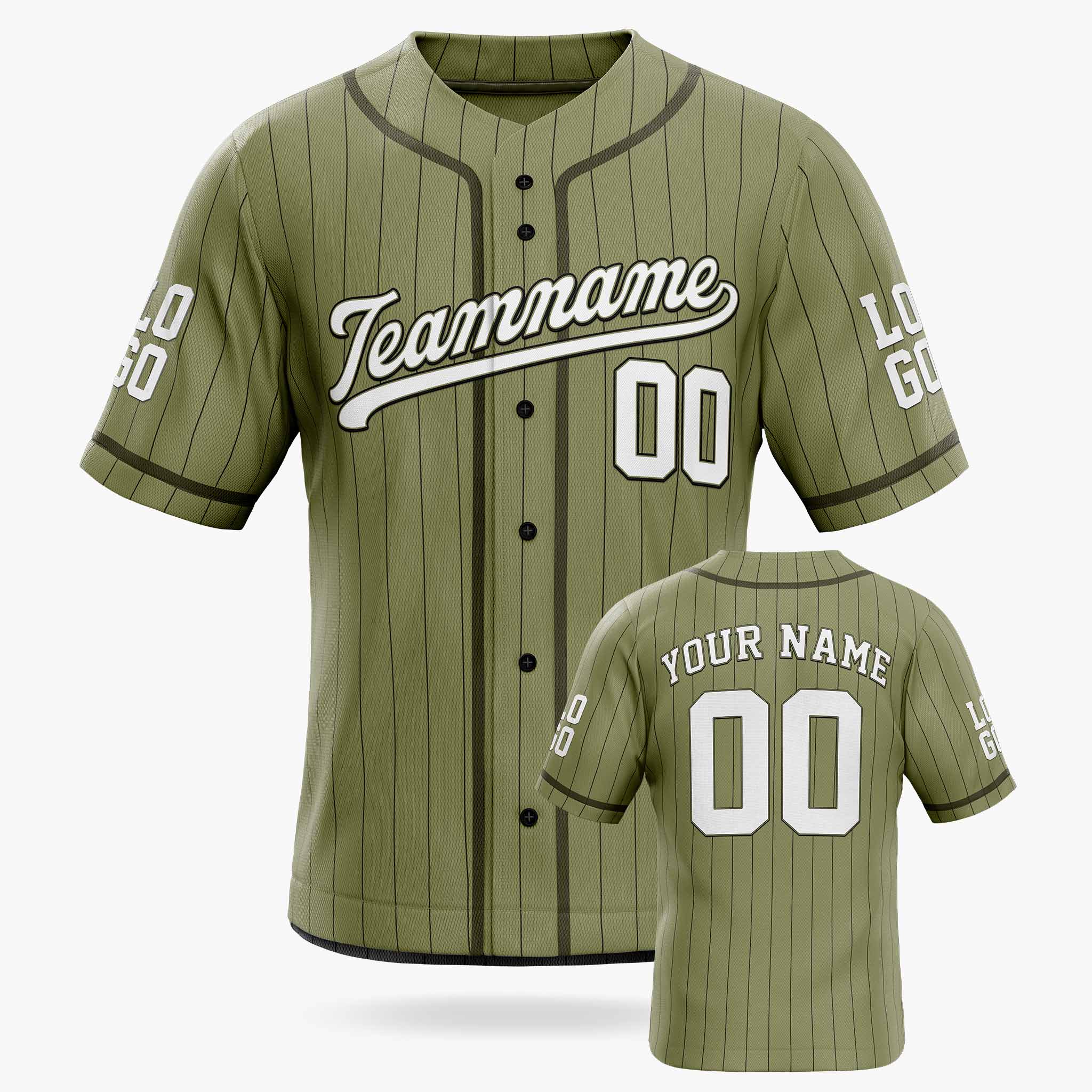 Custom Pinstripe Baseball Jersey Army Green and White With Piping - Design Your Own Jersey