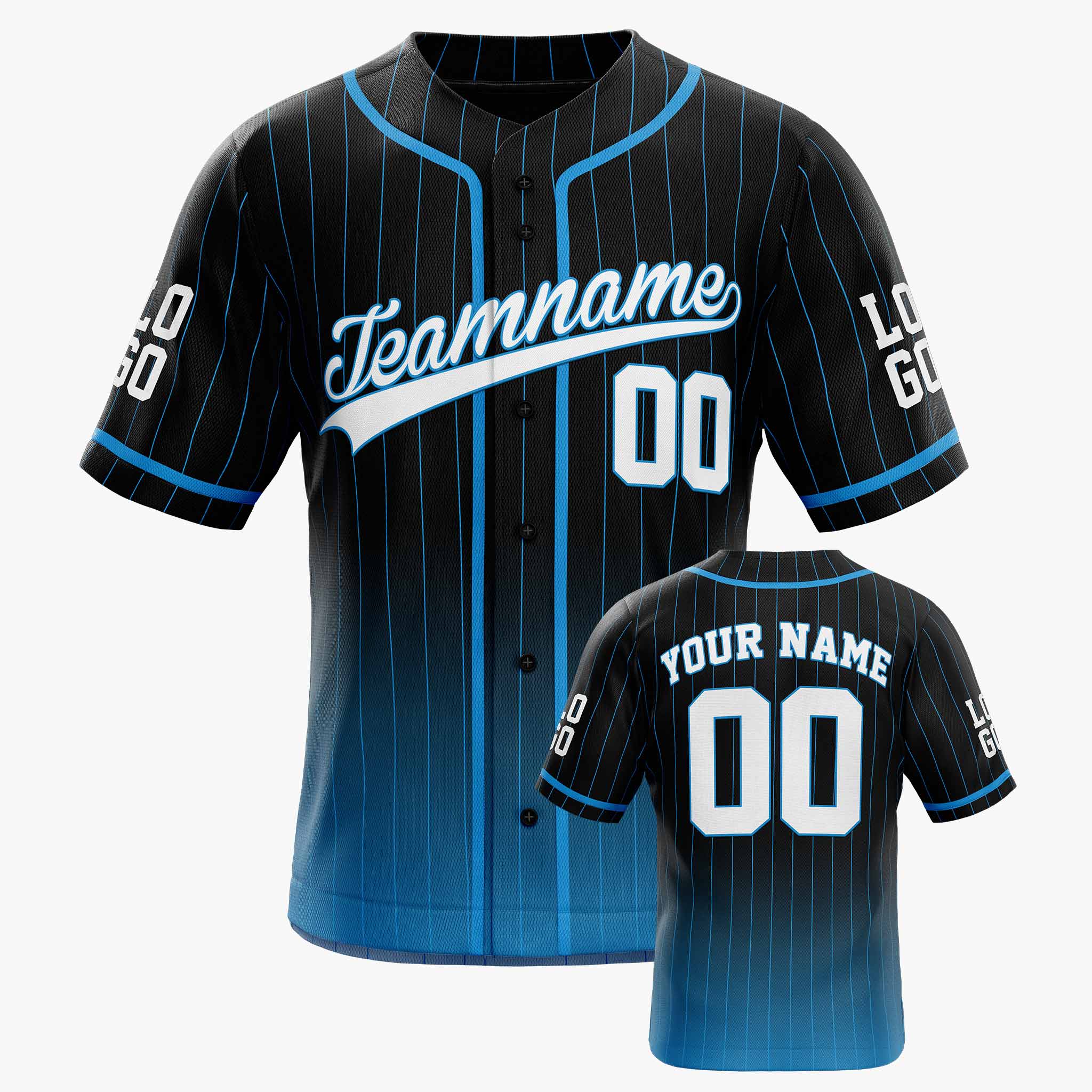 Custom Pinstripe Gradient Baseball Jersey Black and Blue With Piping - Design Your Own