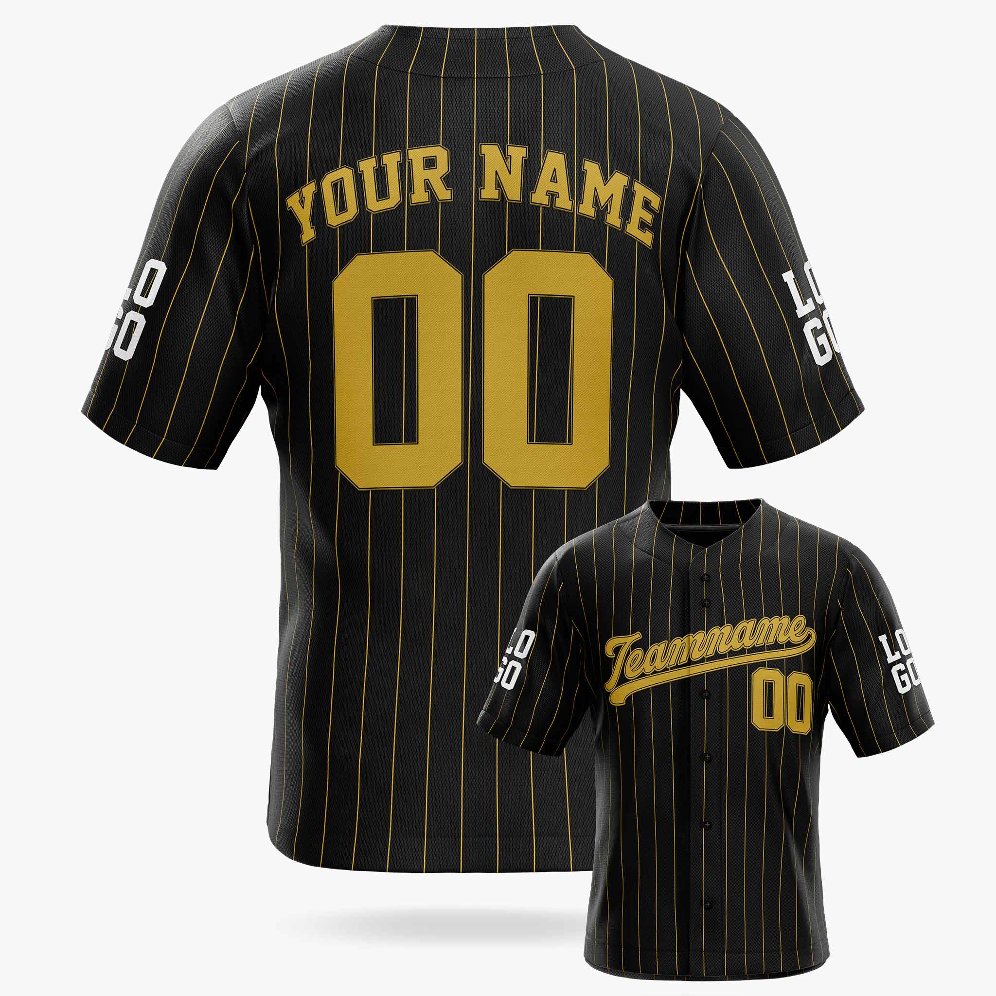 Custom Pinstripe Baseball Jersey Black and Gold - Design Your Own Jersey
