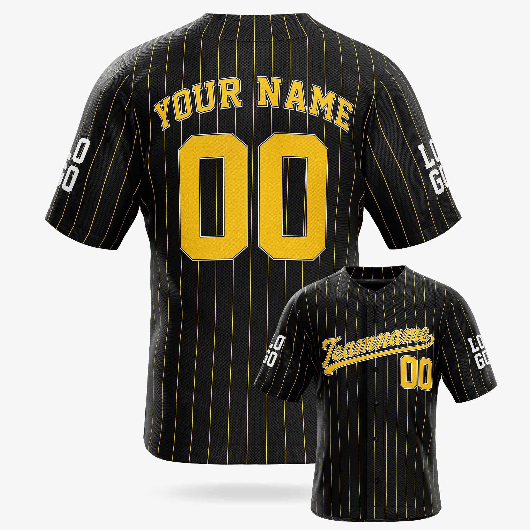 Custom Pinstripe Baseball Jersey Black and Yellow - Design Your Own