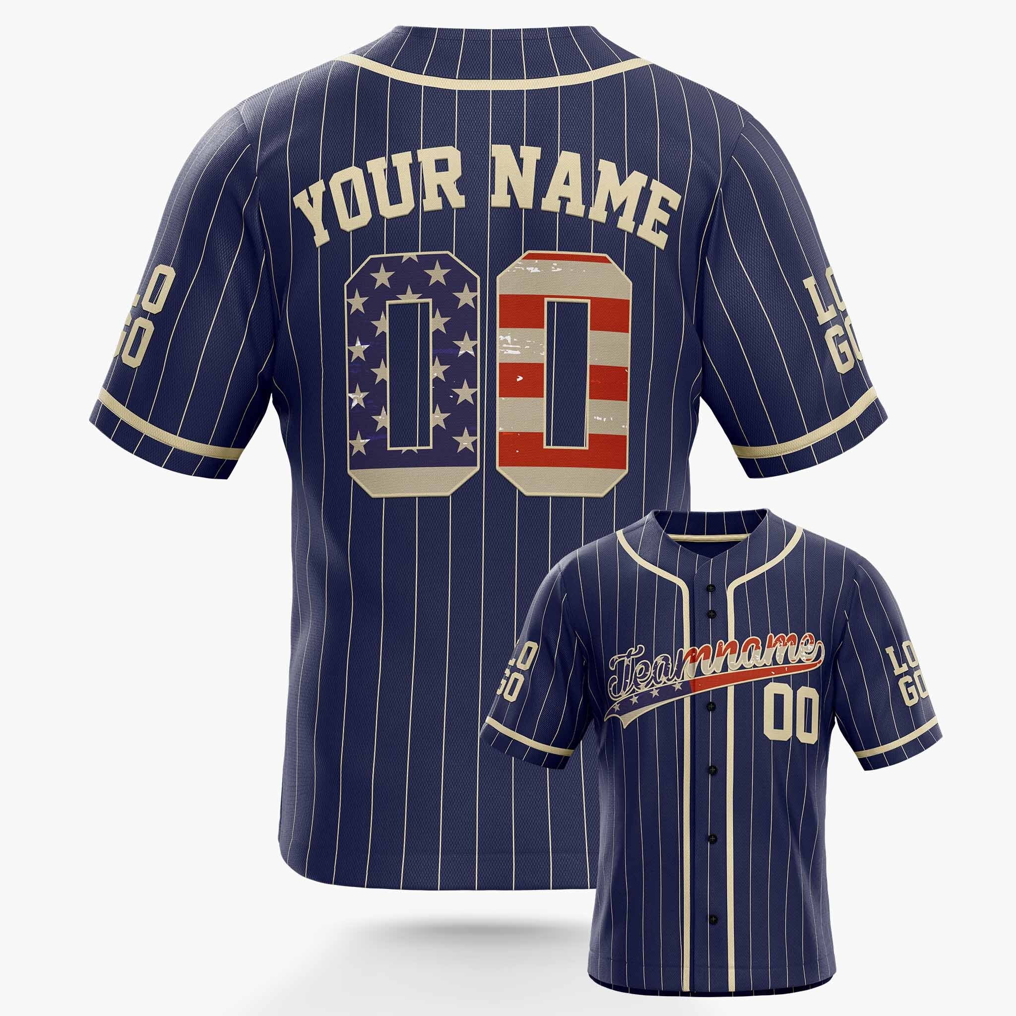 Custom Pinstripe Baseball Jersey Navy and Patriotic With White Piping - Design Your Own