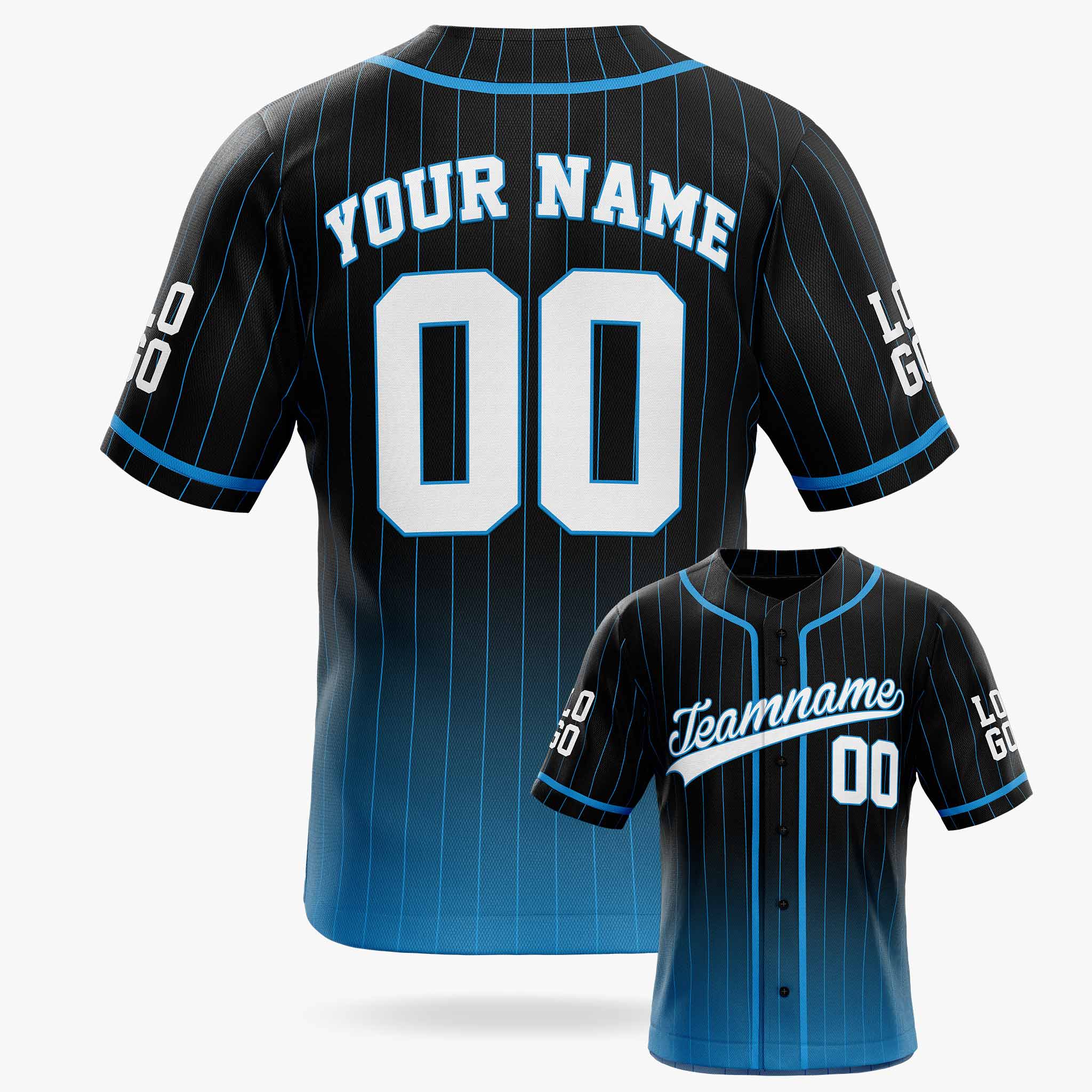 Custom Pinstripe Gradient Baseball Jersey Black and Blue With Piping - Design Your Own