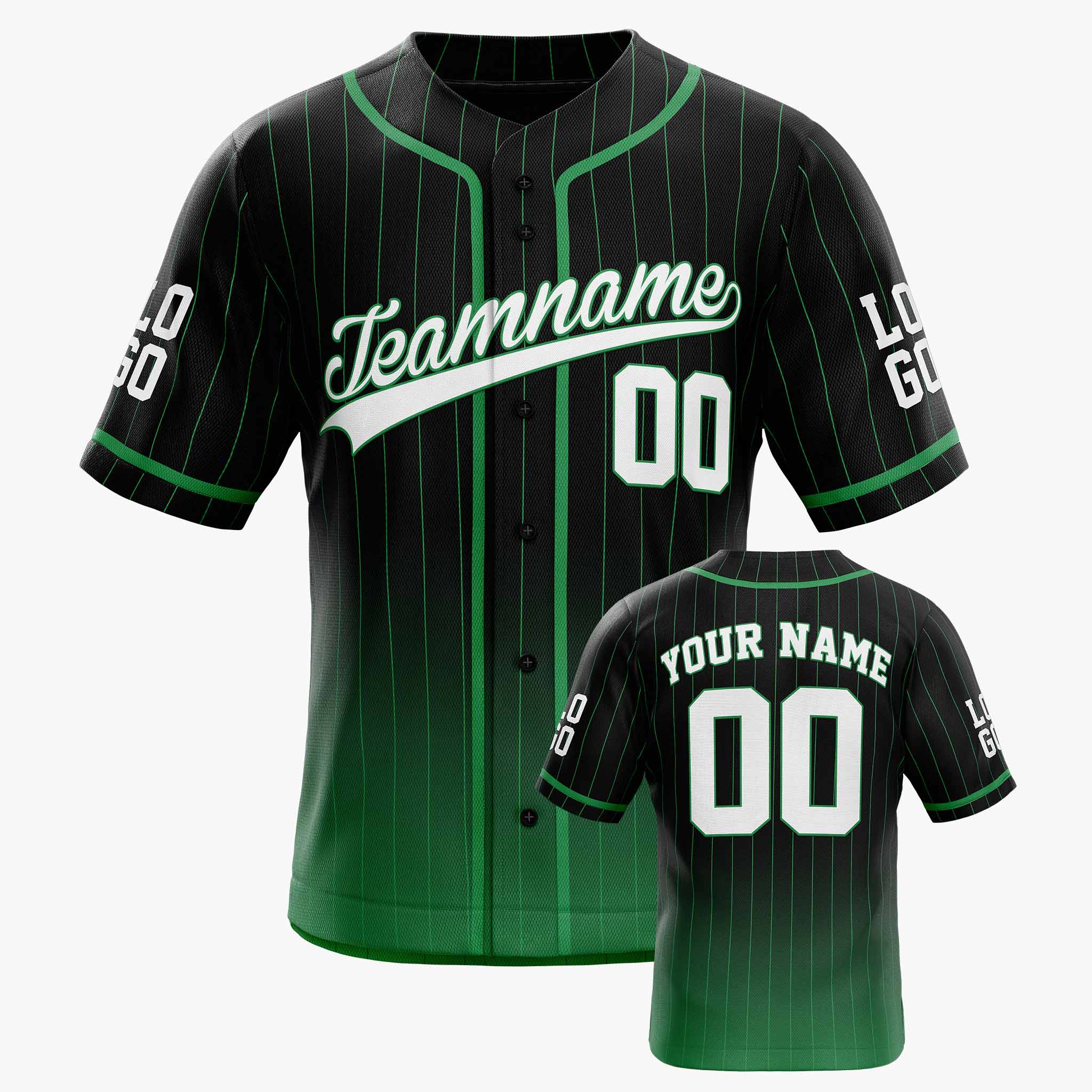 Custom Pinstripe Gradient Baseball Jersey Black and Green With Piping - Design Your Own