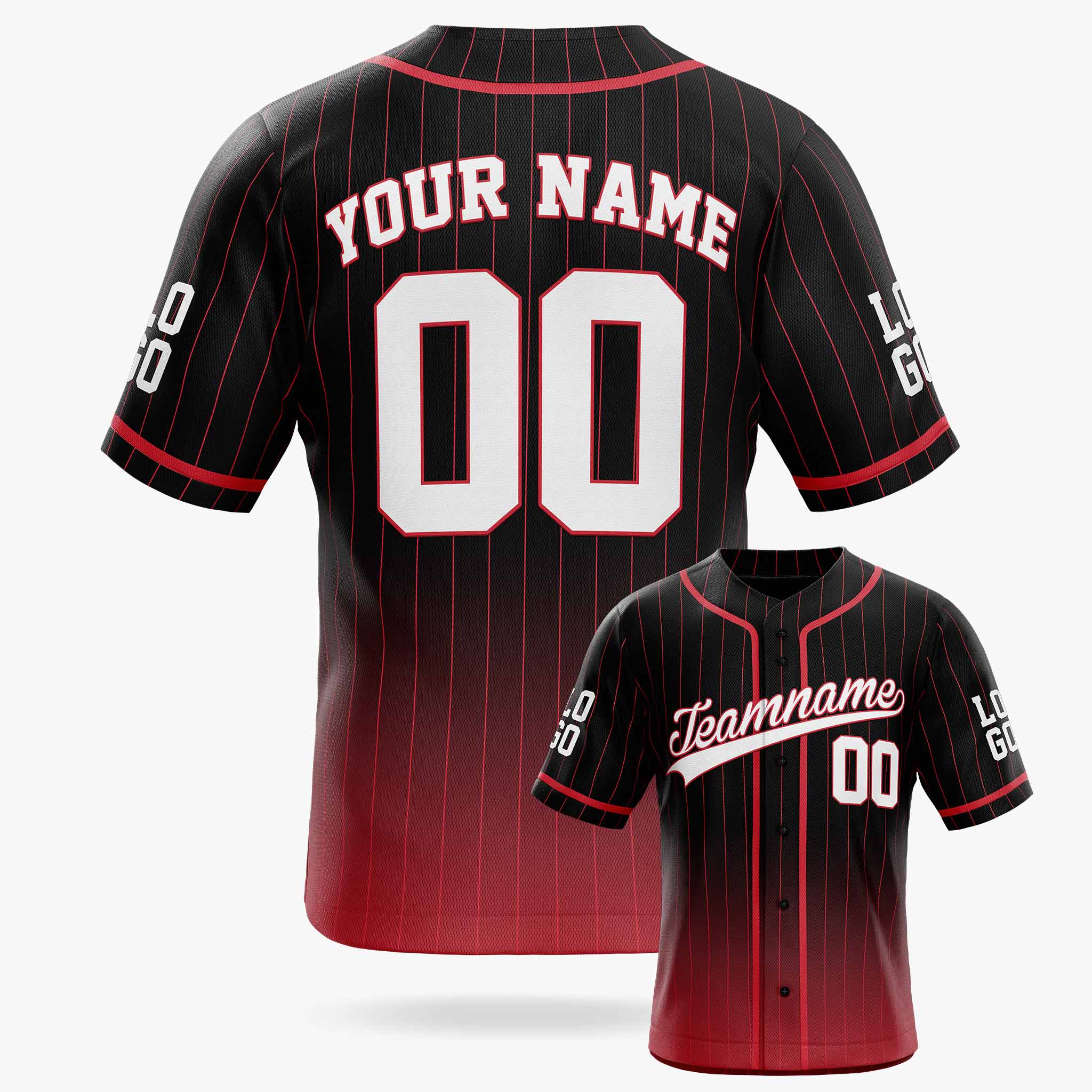 Custom Pinstripe Gradient Baseball Jersey Black and Red With Piping - Design Your Own