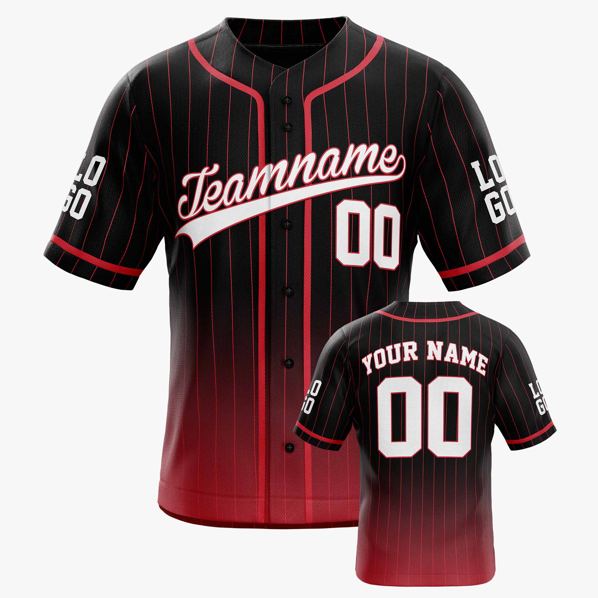 Custom Pinstripe Gradient Baseball Jersey Black and Red With Piping - Design Your Own