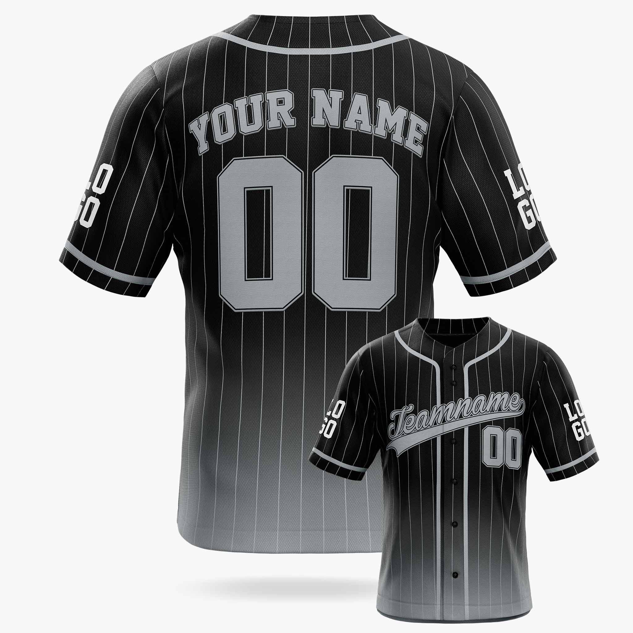 Custom Pinstripe Gradient Baseball Jersey Black and Silver With Piping - Design Your Own