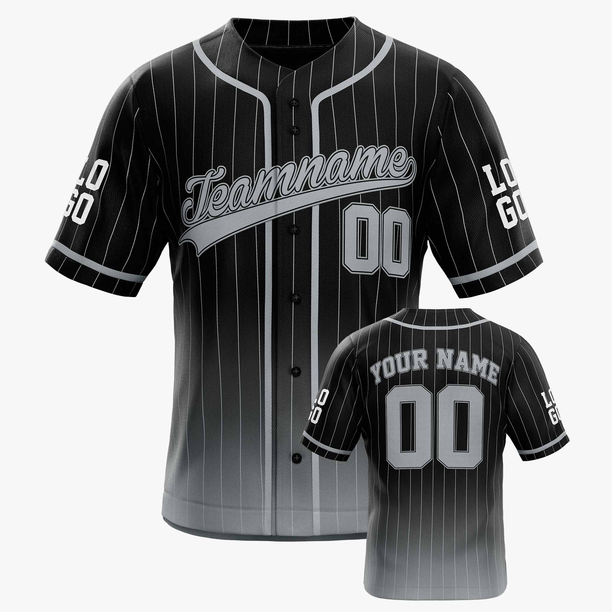 Custom Pinstripe Gradient Baseball Jersey Black and Silver With Piping - Design Your Own