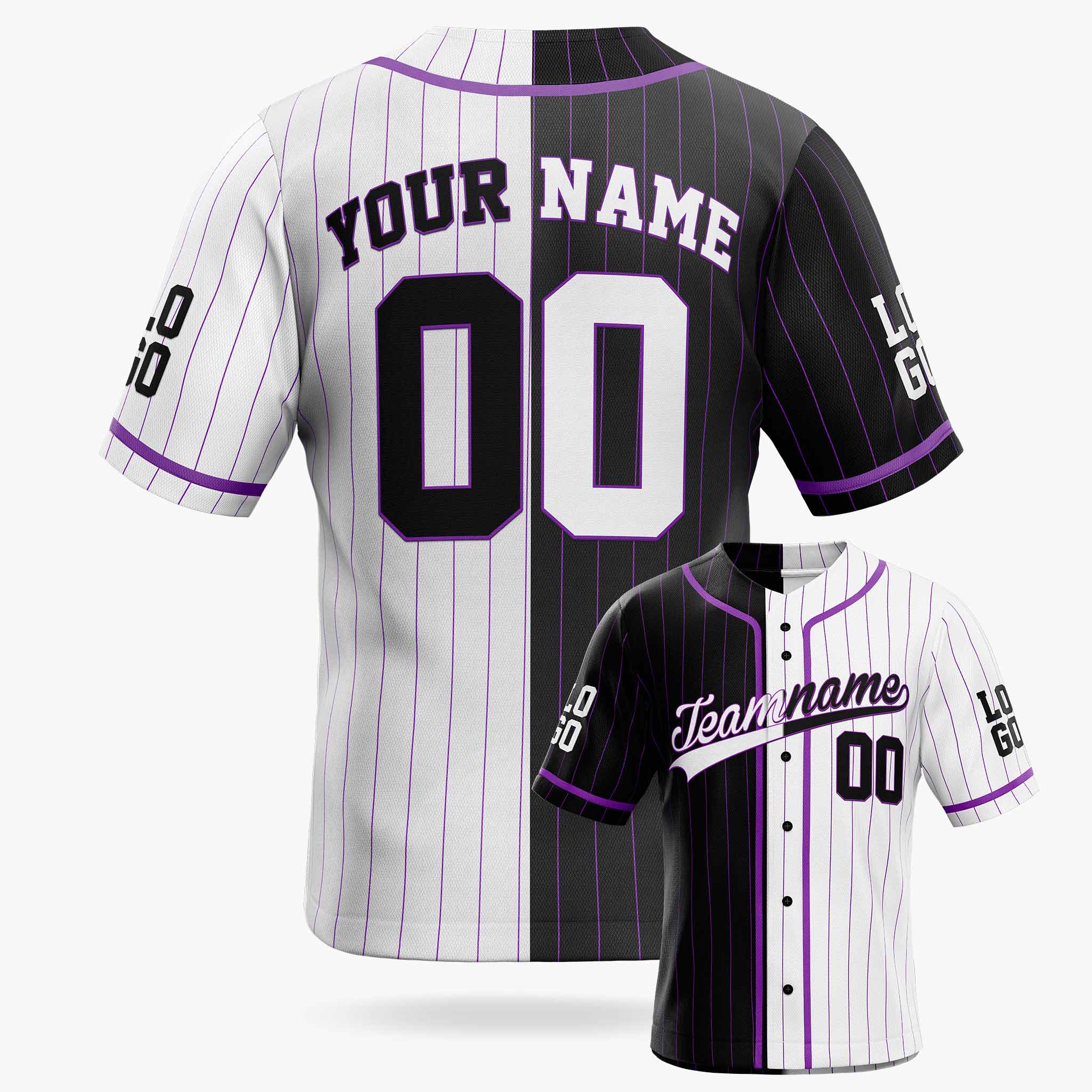 Custom Pinstripe Split Baseball Jersey Black and White with Puple Piping - Design Your Own