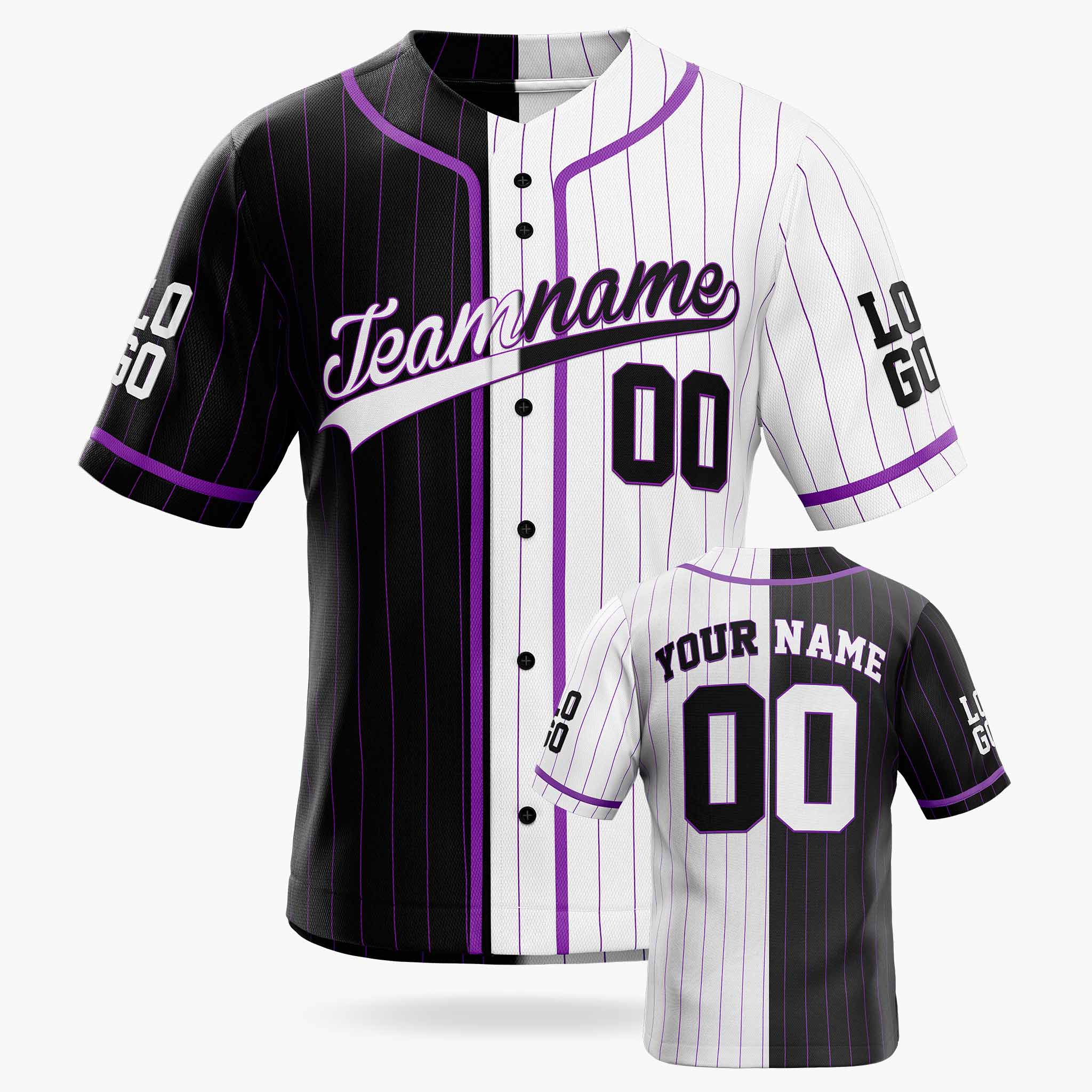 Custom Pinstripe Split Baseball Jersey Black and White with Puple Piping - Design Your Own