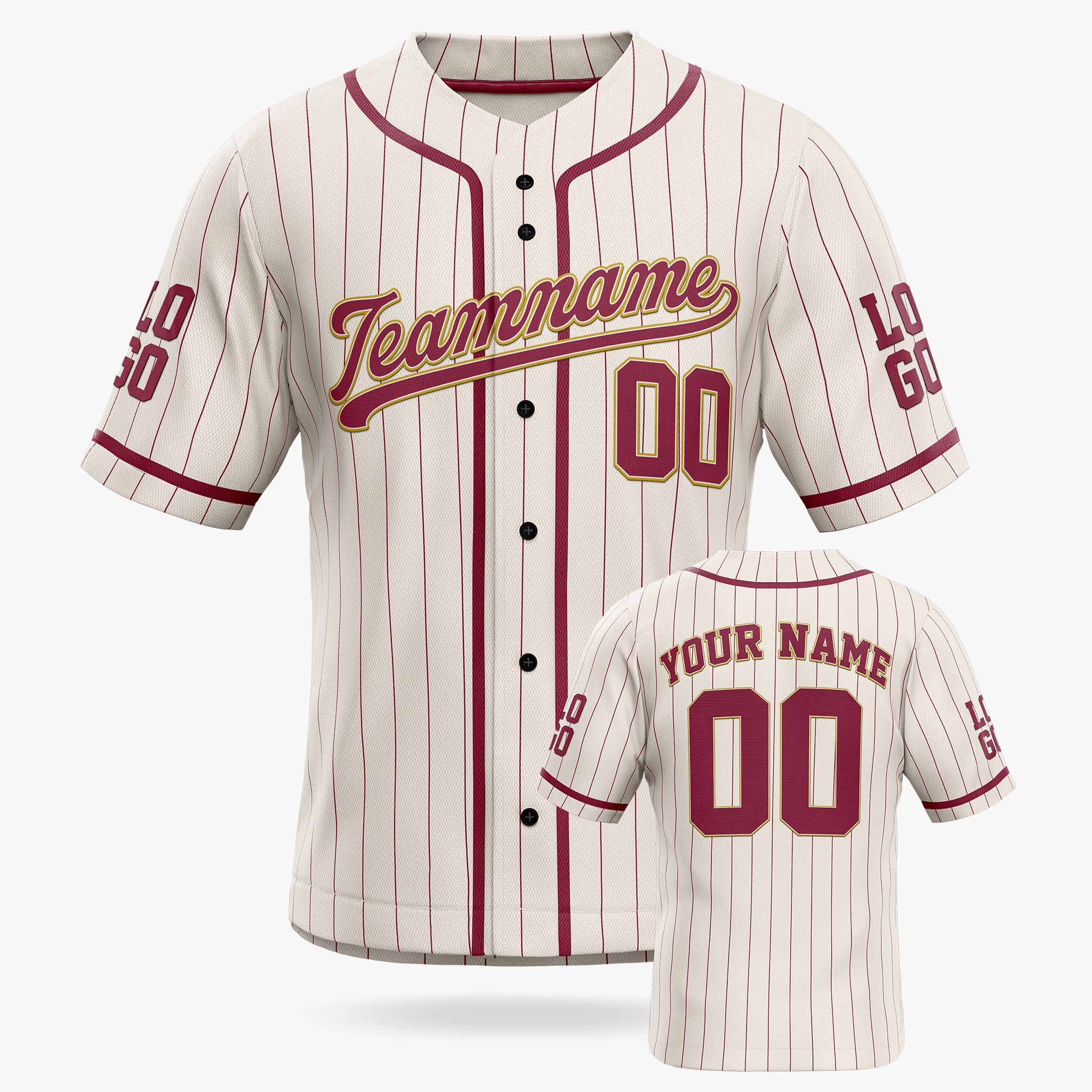 Custom Pinstripe Baseball Jersey Cream and Burgundy With Piping - Design Your Own