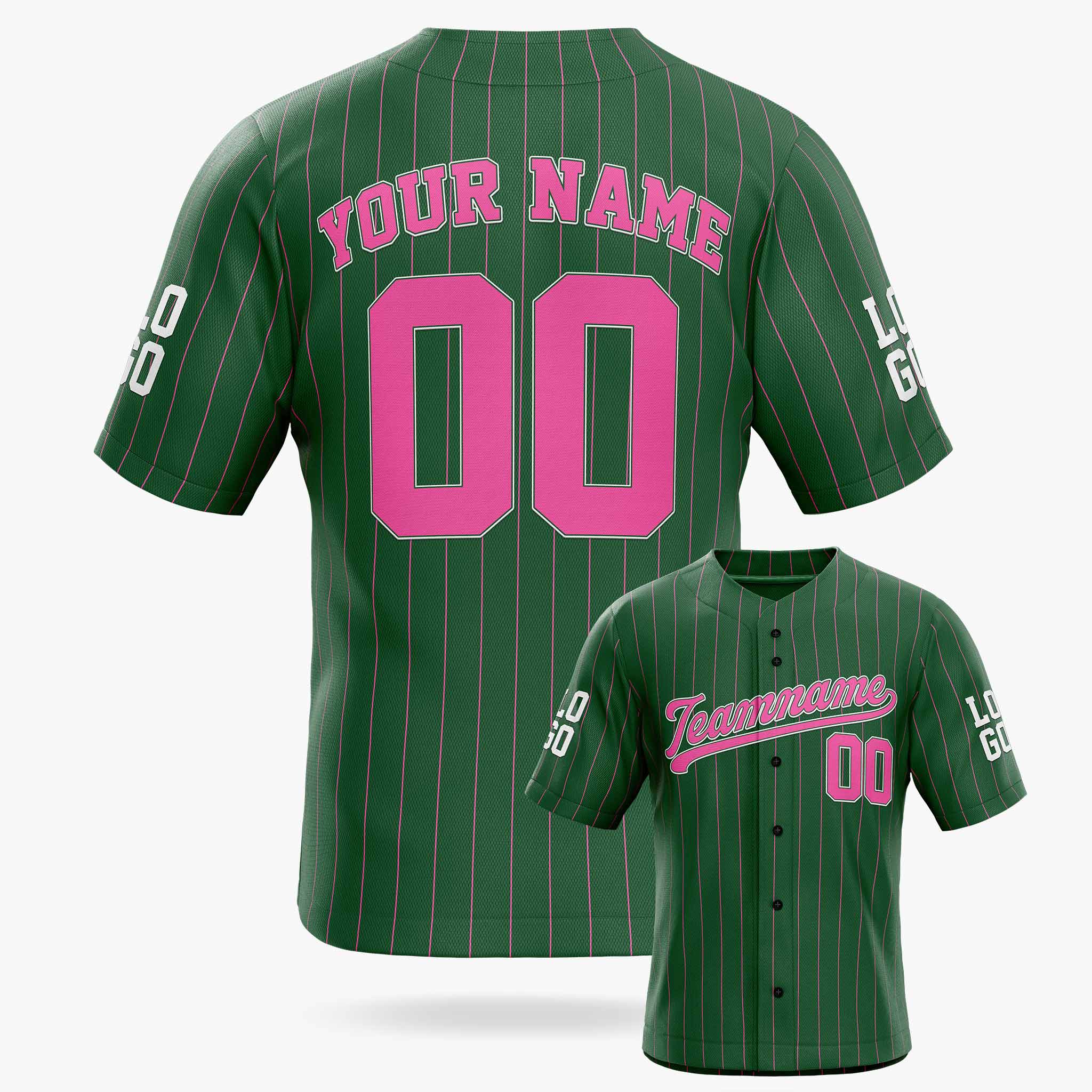Custom Pinstripe Baseball Jersey Dark Green and Pink - Design Your Own