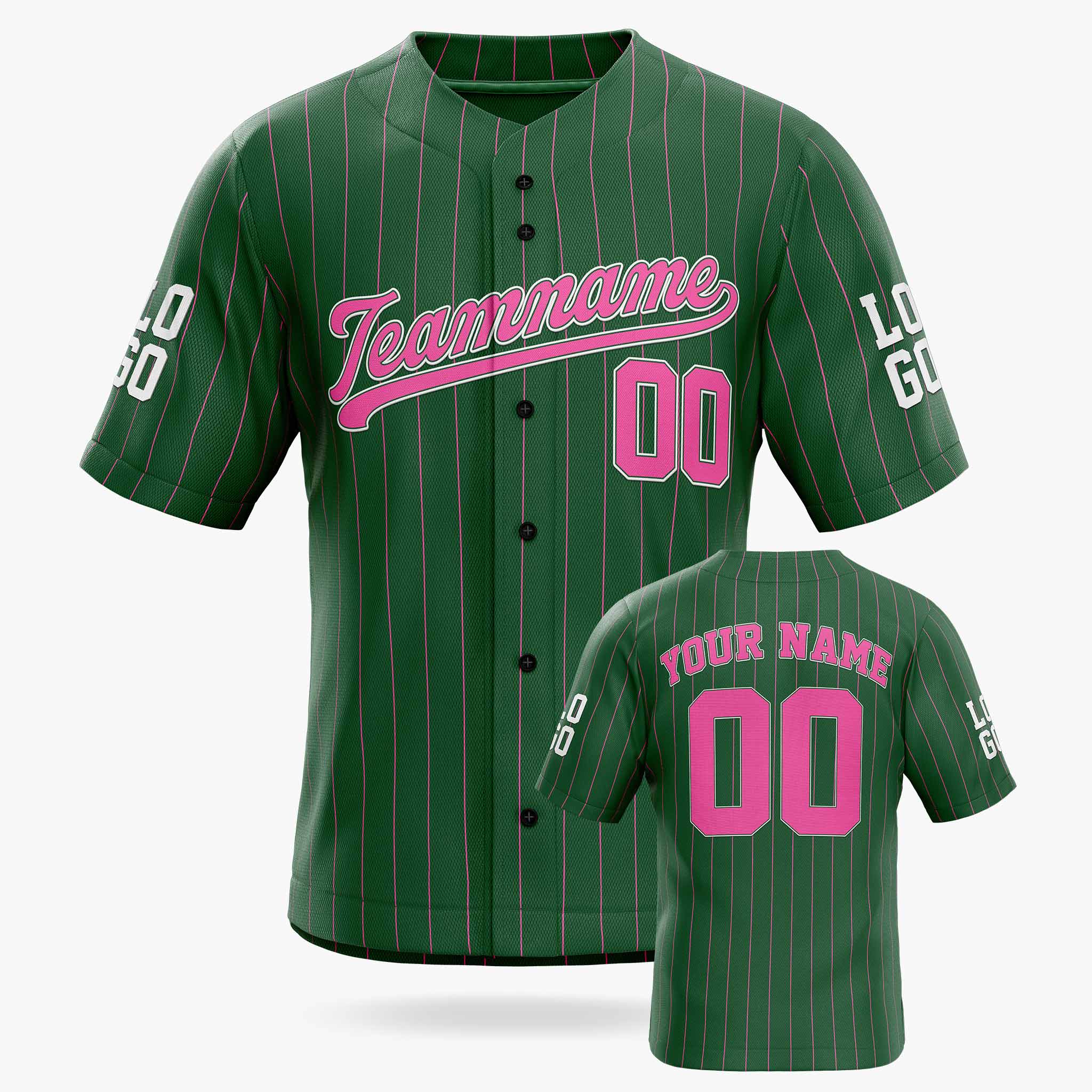 Custom Pinstripe Baseball Jersey Dark Green and Pink - Design Your Own