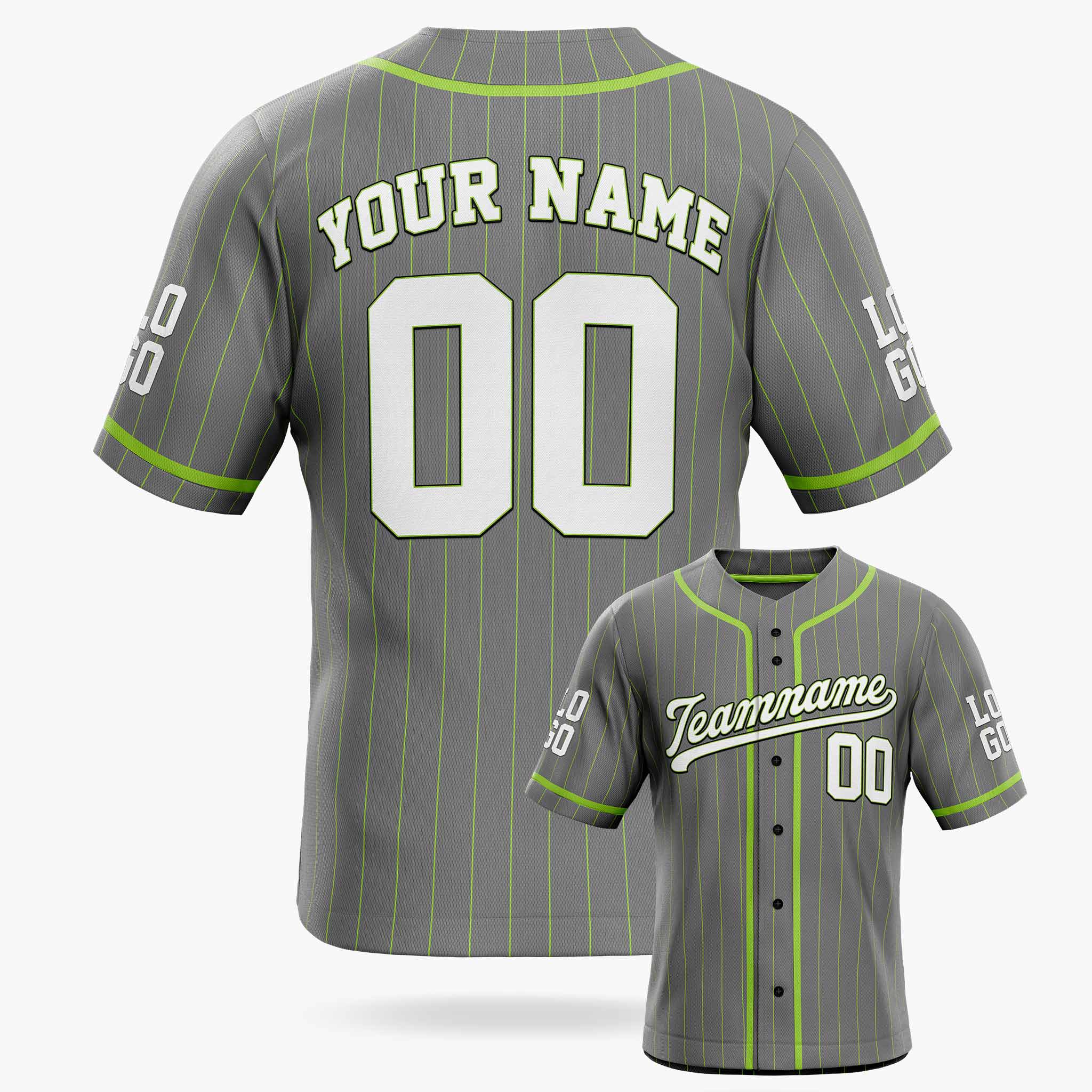 Custom Pinstripe Baseball Jersey Dark Gray and White With Neon Green Piping - Design Your Own