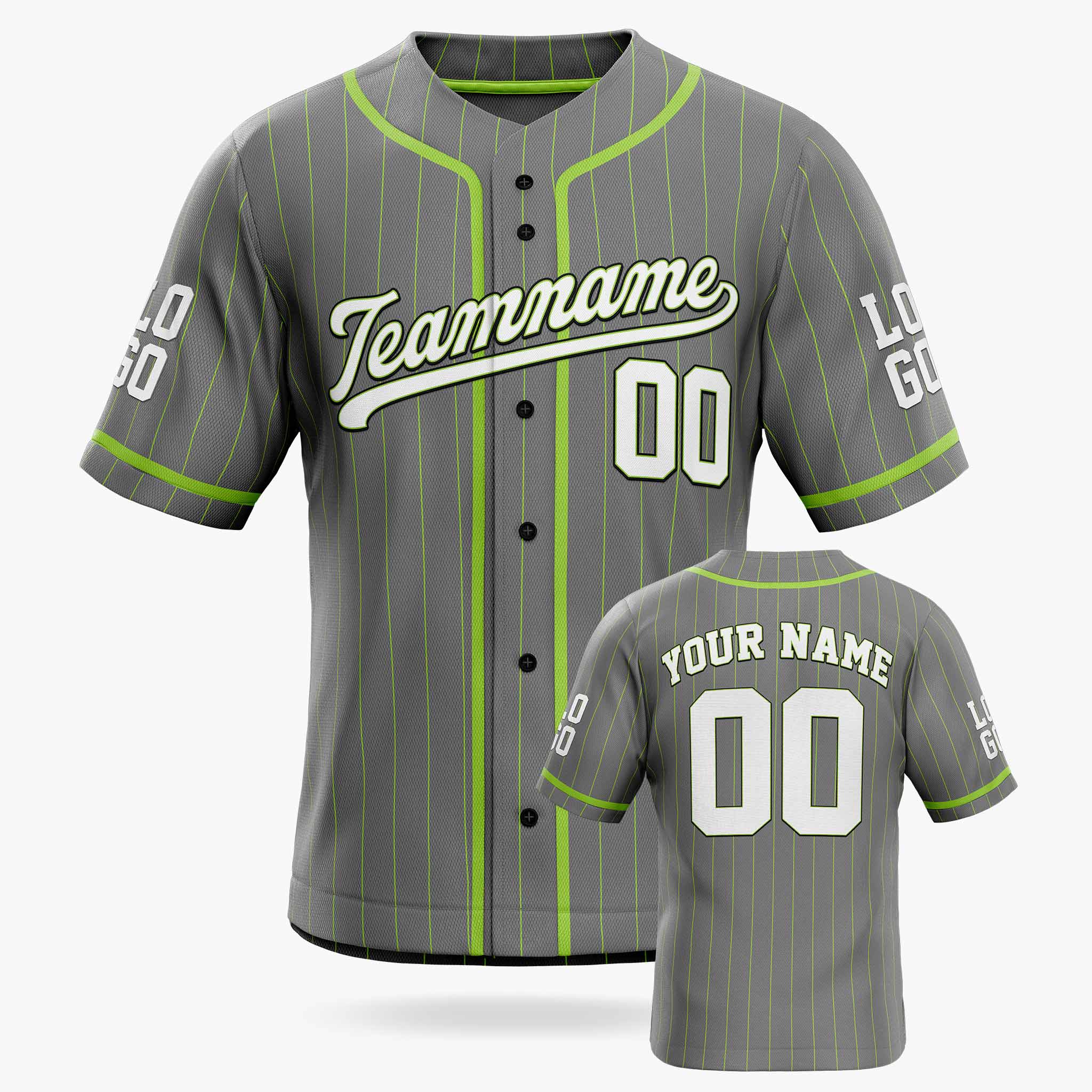 Custom Pinstripe Baseball Jersey Dark Gray and White With Neon Green Piping - Design Your Own