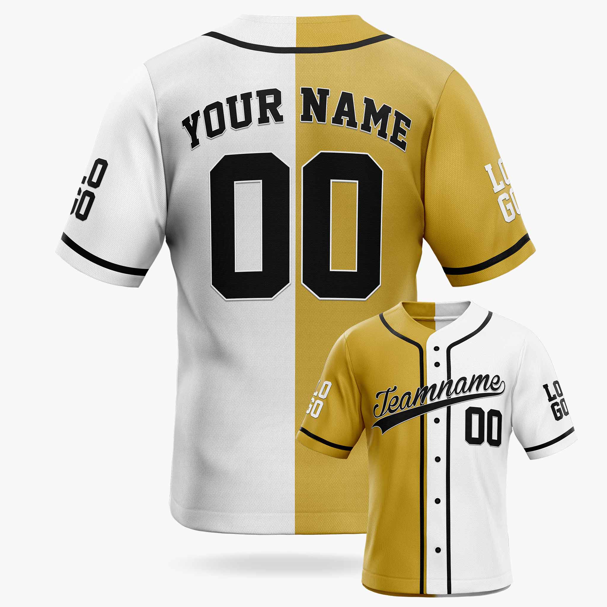 Custom Split Baseball Jersey Gold and White with Black Piping - Design Your Own