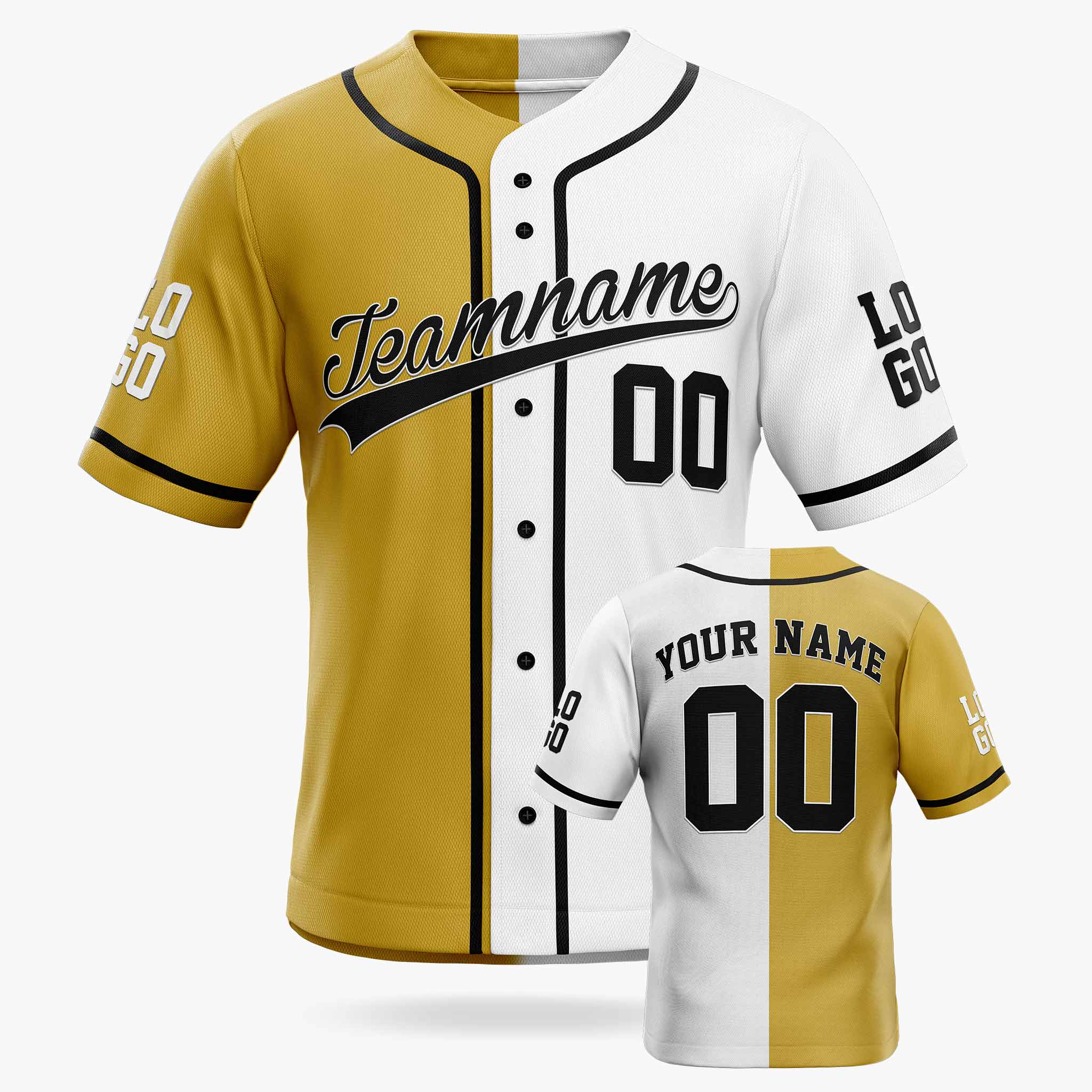 Custom Split Baseball Jersey Gold and White with Black Piping - Design Your Own
