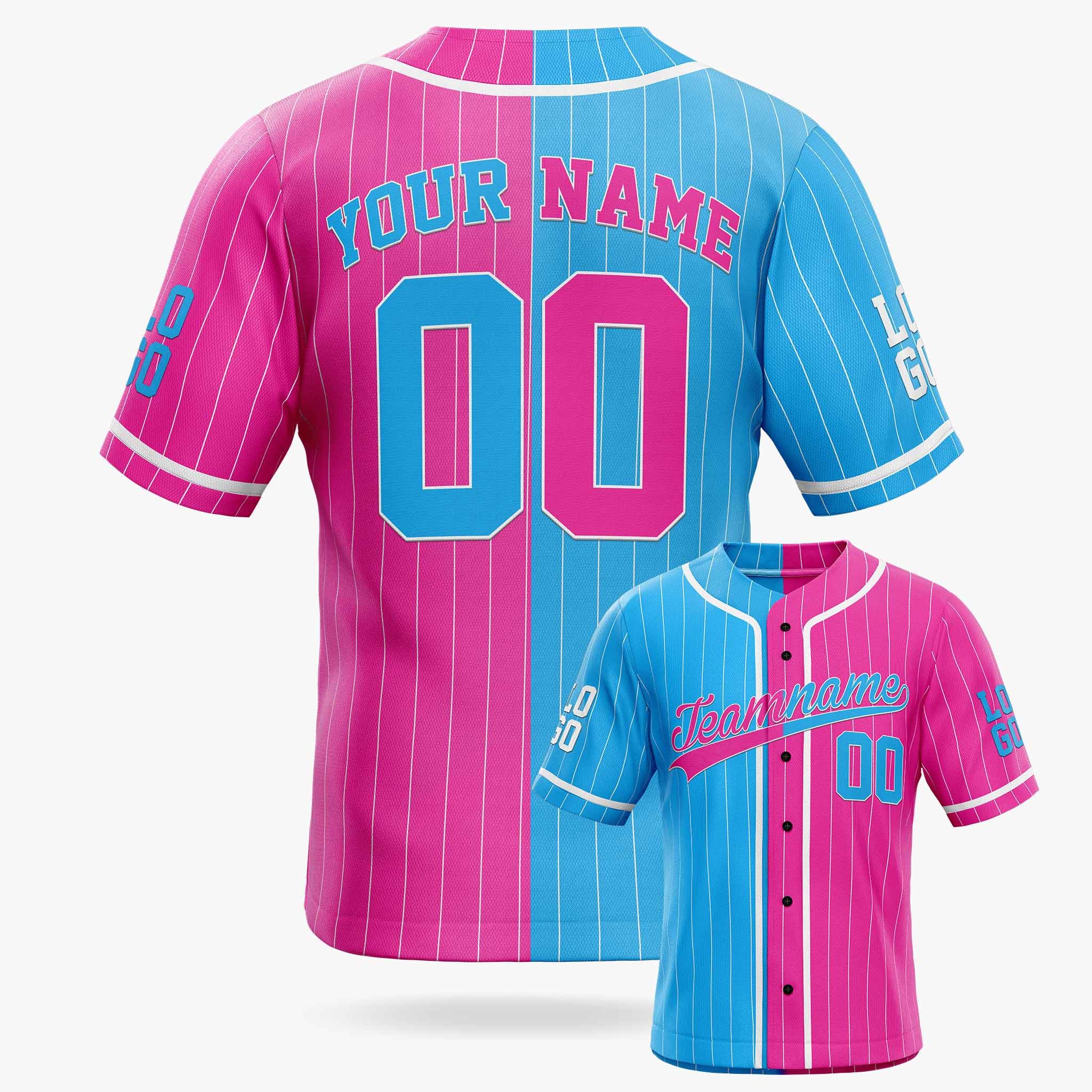 Custom Pinstripe Split Baseball Jersey Light Blue and Pink with White Piping - Design Your Own