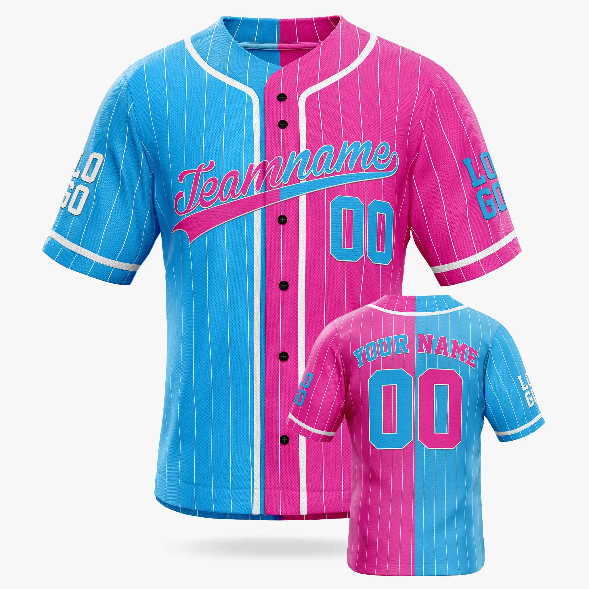 Custom Pinstripe Split Baseball Jersey Light Blue and Pink with White Piping - Design Your Own
