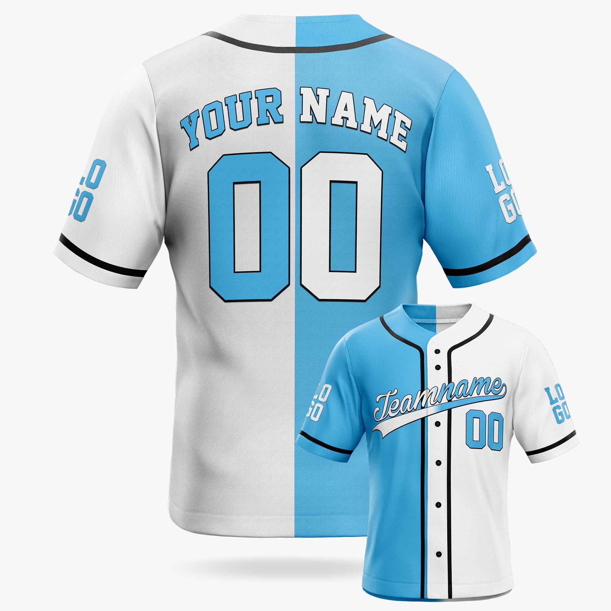 Custom Split Baseball Jersey Light Blue and White With Black Piping - Design Your Own