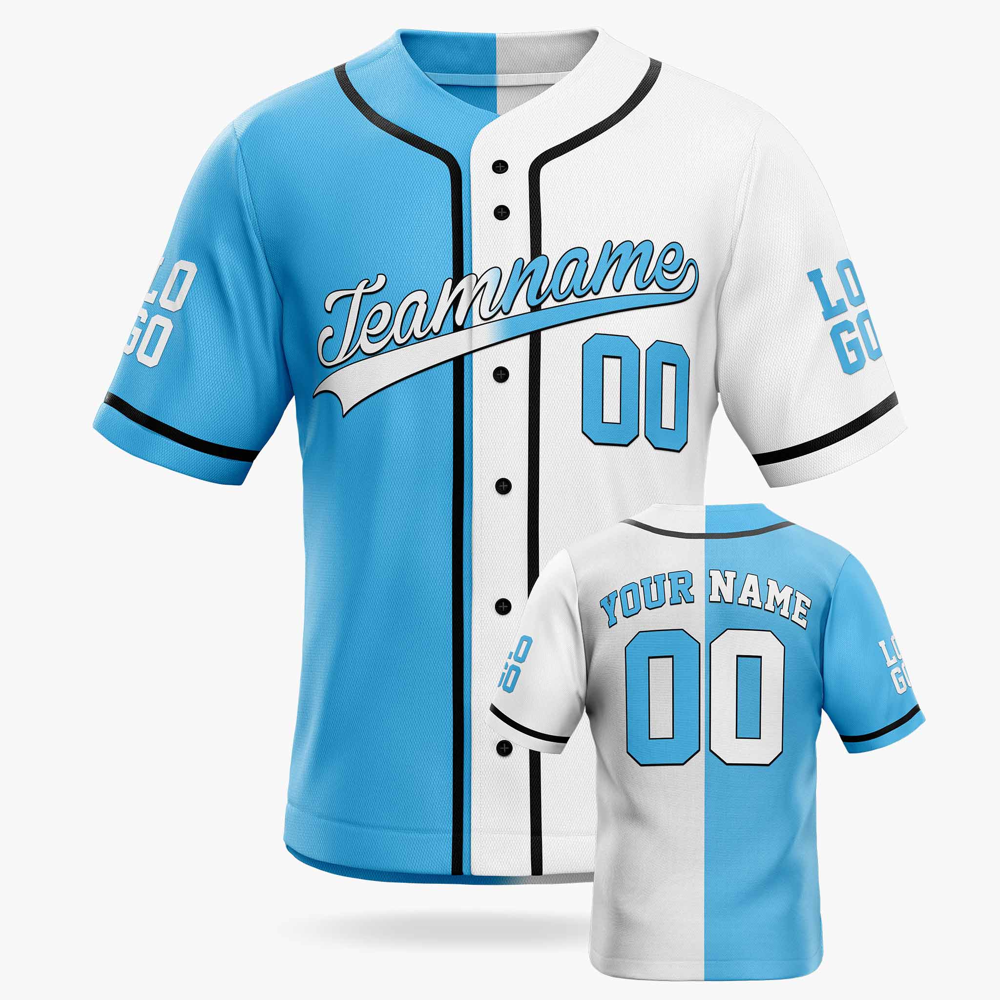 Custom Split Baseball Jersey Light Blue and White With Black Piping - Design Your Own