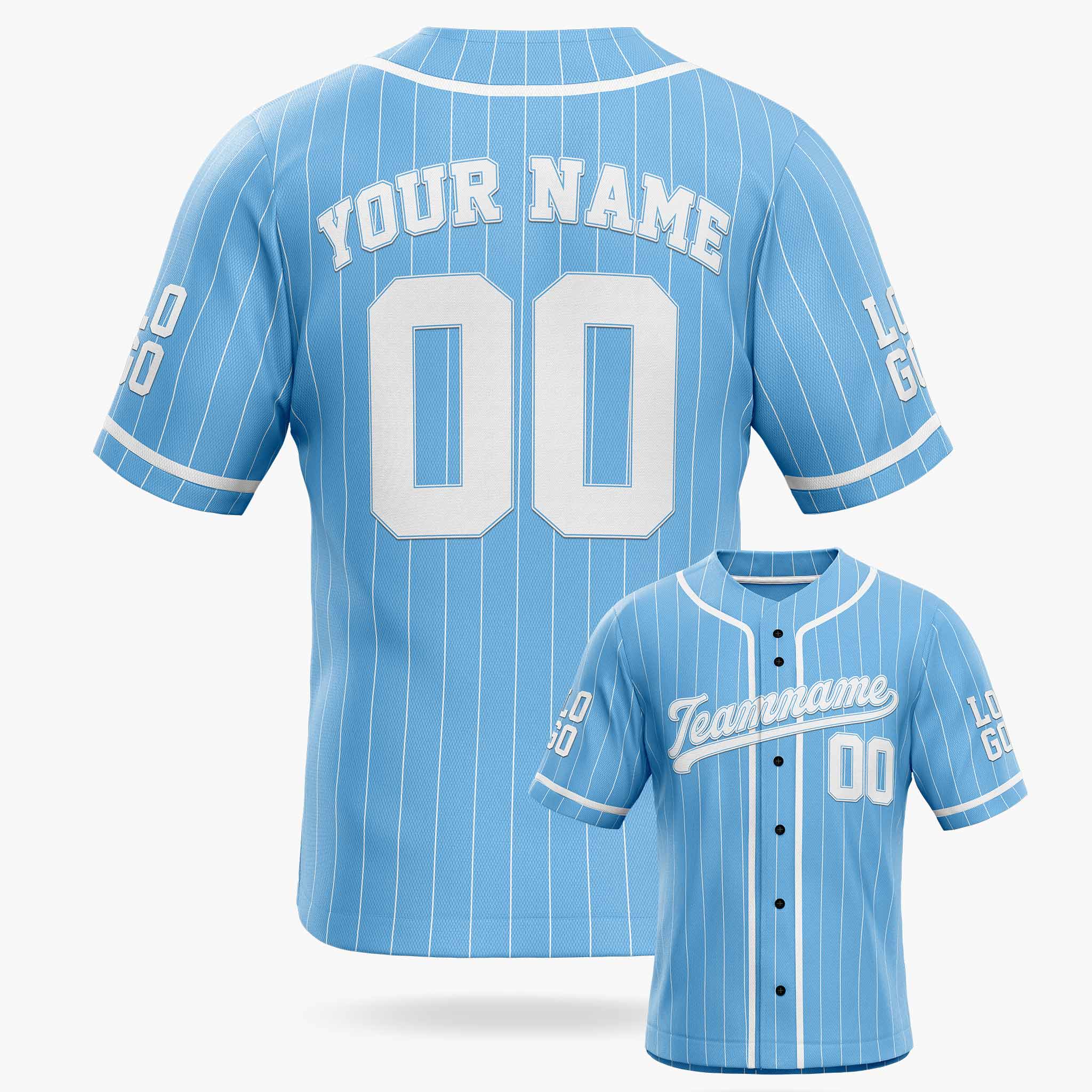 Custom Pinstripe Baseball Jersey Light Blue and White With Piping - Design Your Own