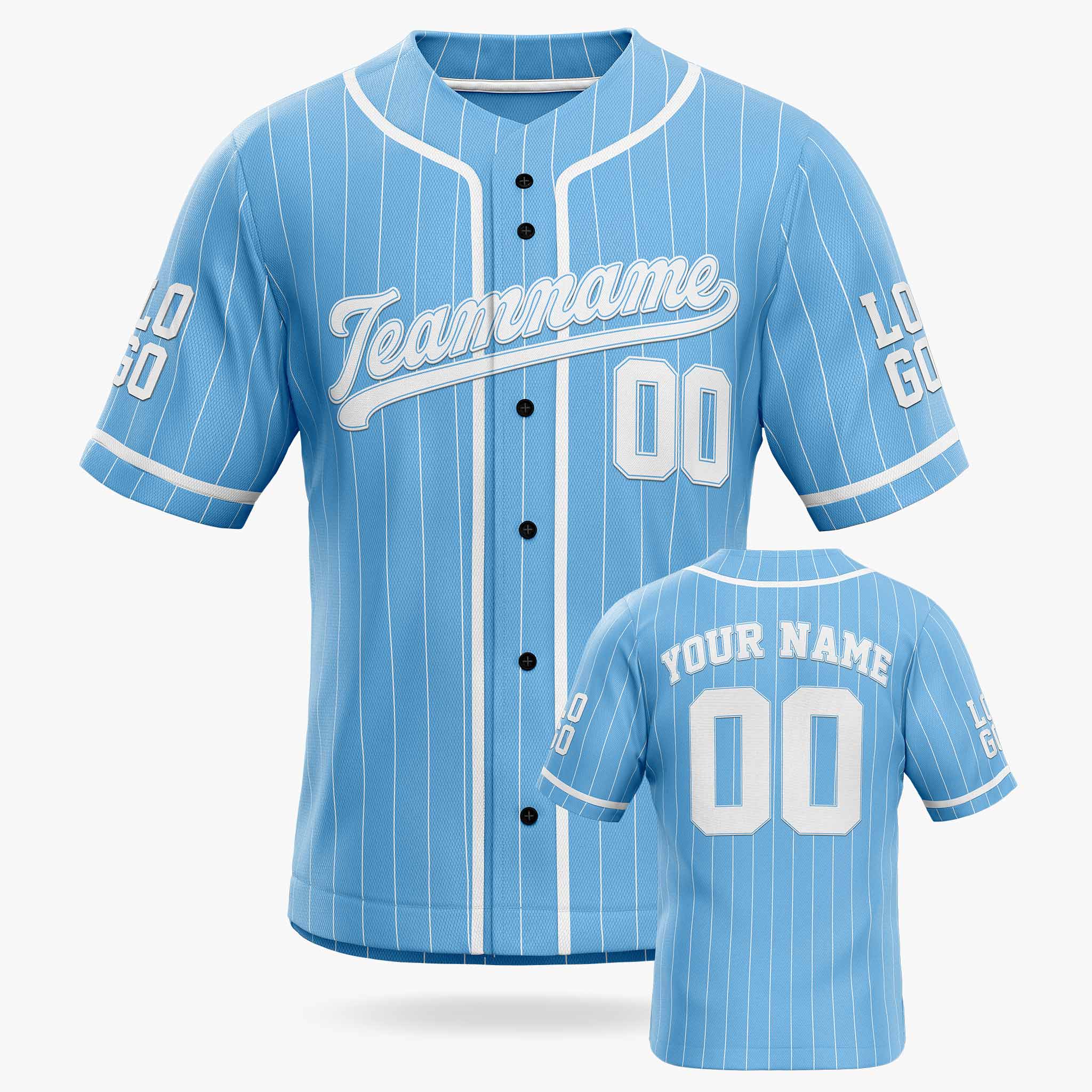 Custom Pinstripe Baseball Jersey Light Blue and White With Piping - Design Your Own