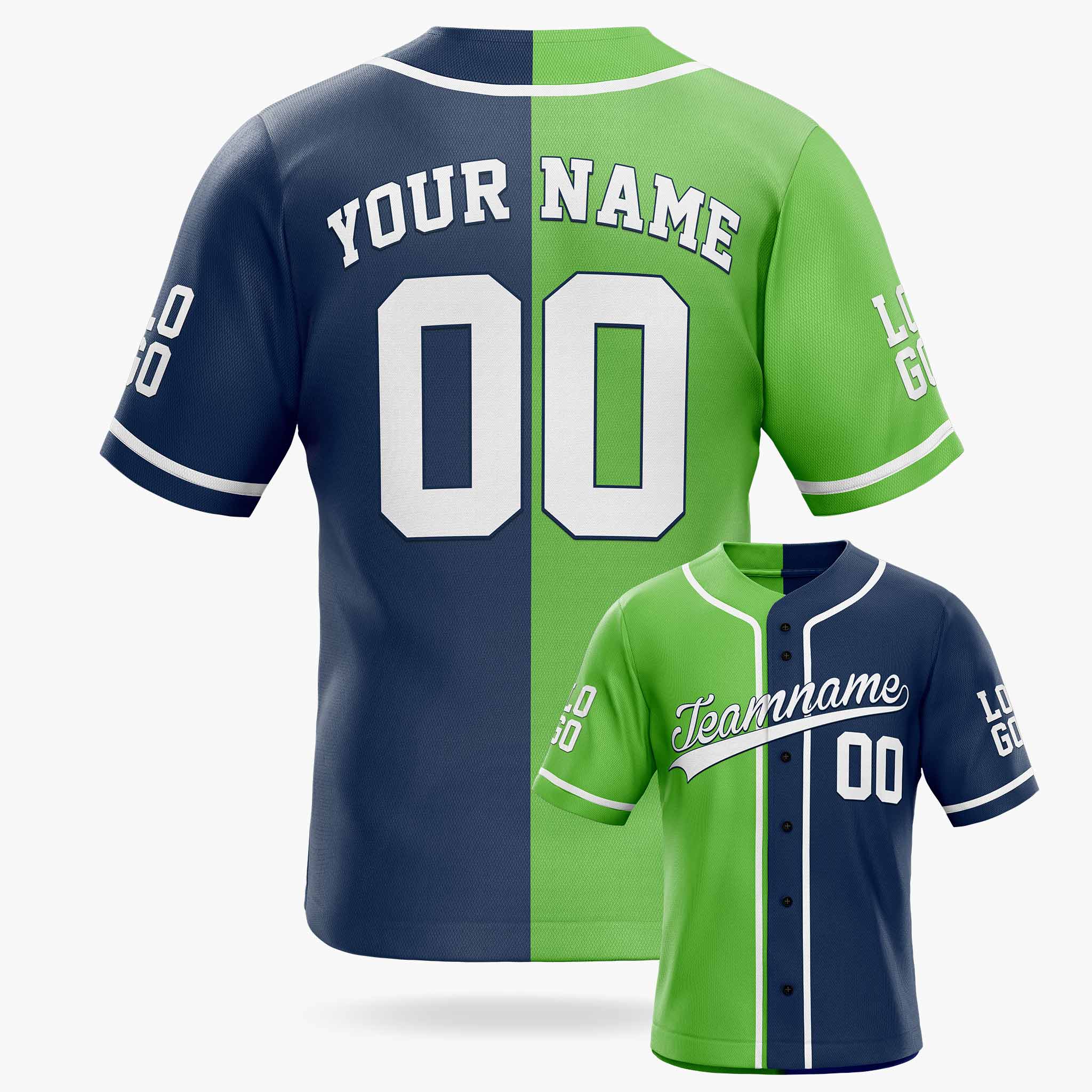 Custom Split Baseball Jersey Light Green and Navy with White Piping - Design Your Own