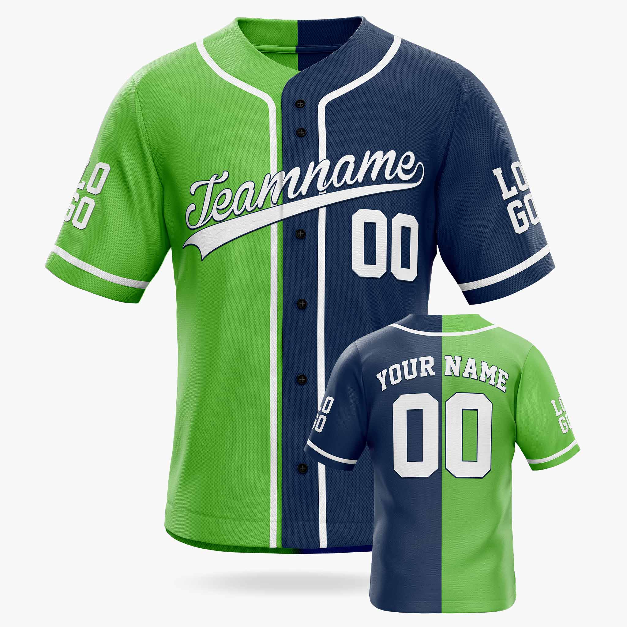 Custom Split Baseball Jersey Light Green and Navy with White Piping - Design Your Own