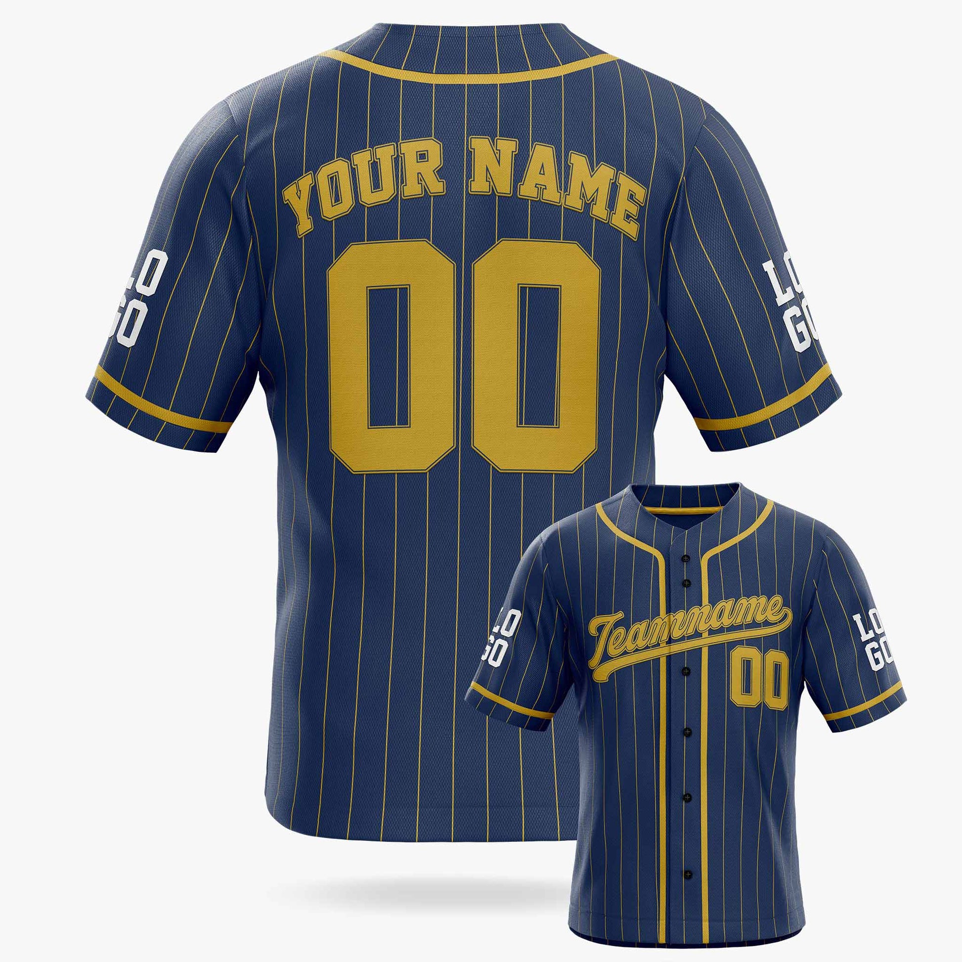 Custom Pinstripe Baseball Jersey Navy and Gold With Piping - Design Your Own