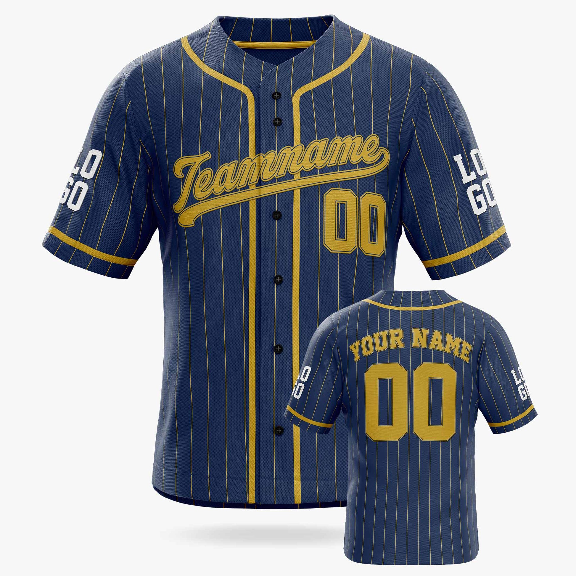 Custom Pinstripe Baseball Jersey Navy and Gold With Piping - Design Your Own