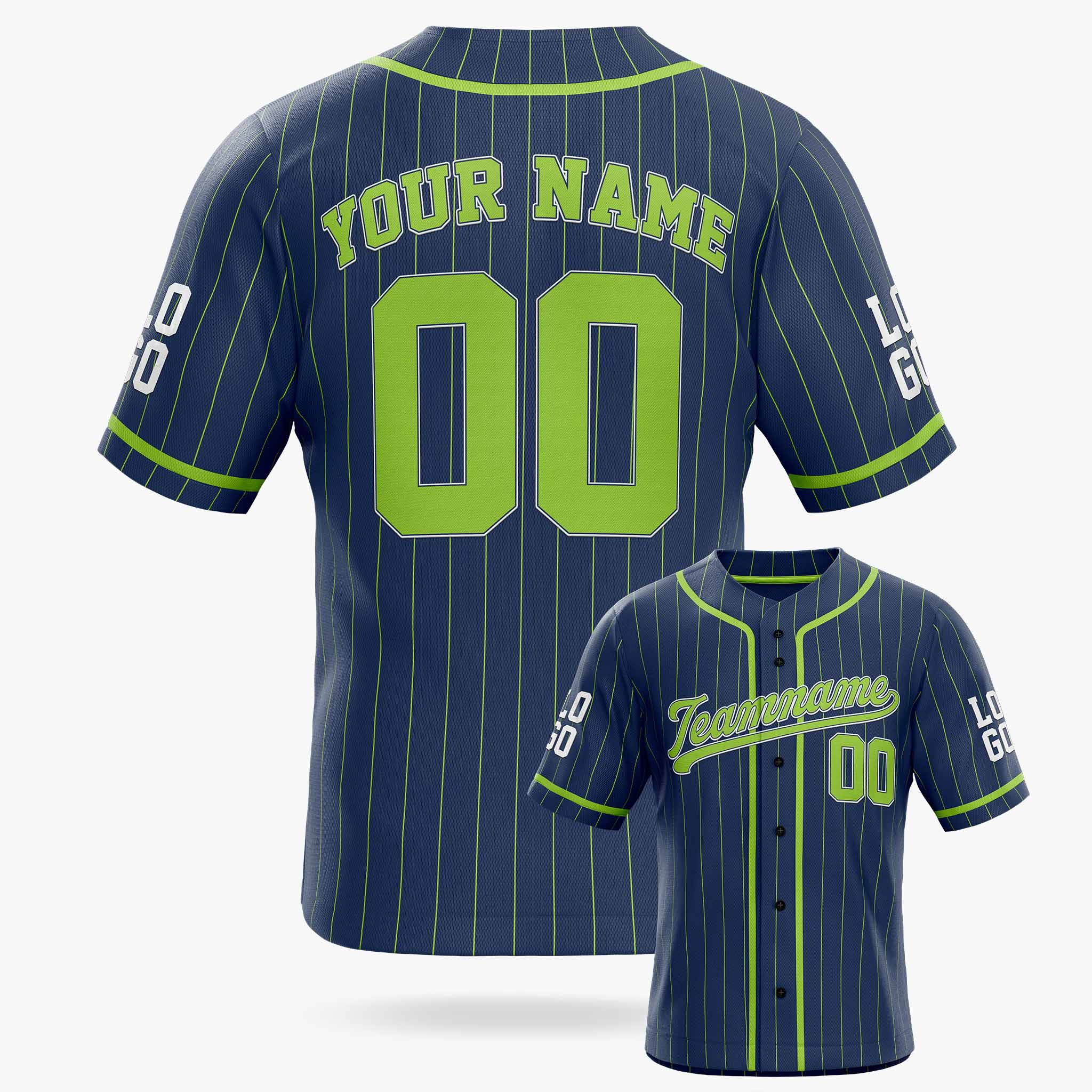 Custom Pinstripe Baseball Jersey Navy and Neon Green With Piping - Design Your Own