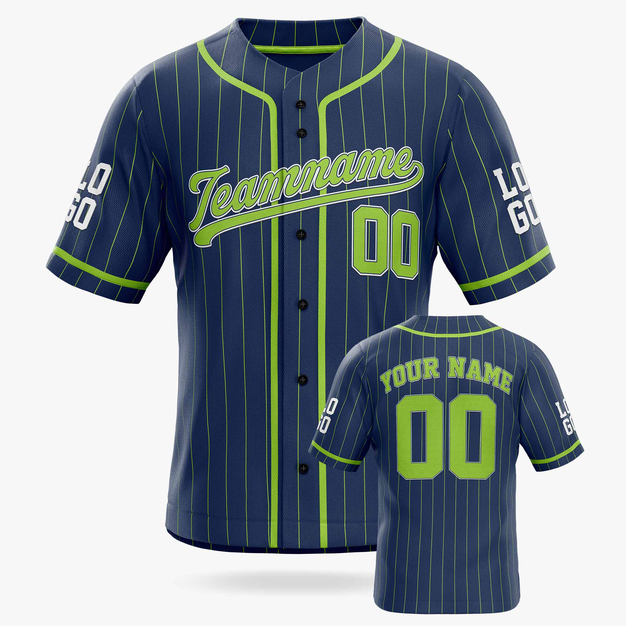 Custom Pinstripe Baseball Jersey Navy and Neon Green With Piping - Design Your Own