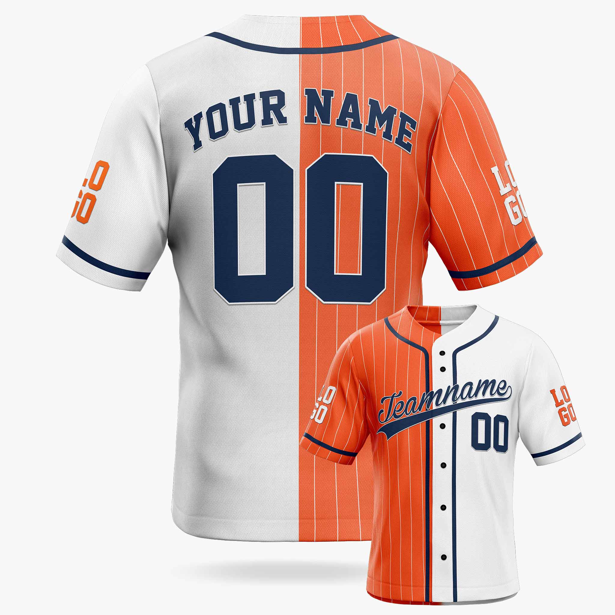 Custom Pinstripe Split Baseball Jersey Orange and White with Navy Piping - Design Your Own