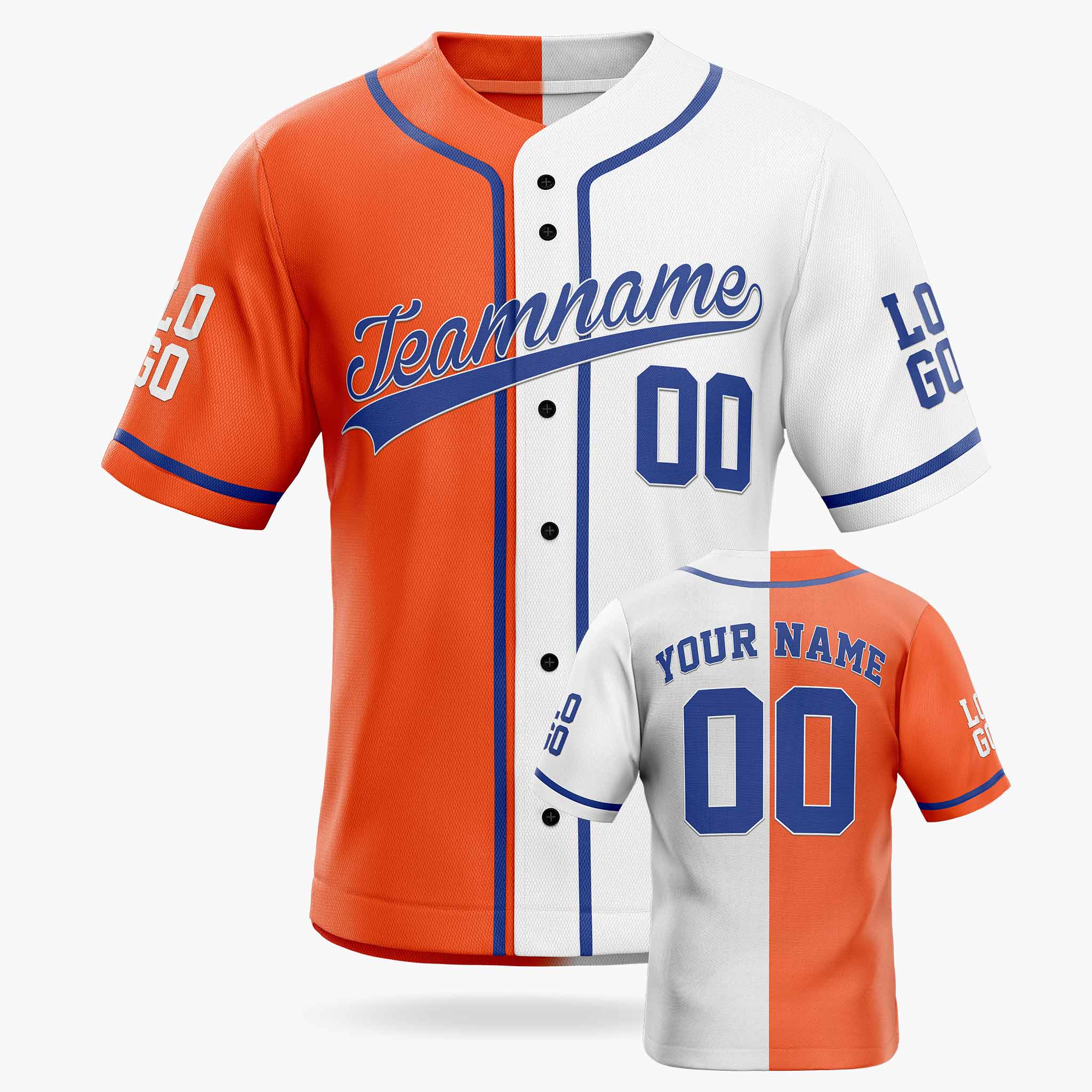 Custom Split Baseball Jersey Orange and White With Navy Piping - Design Your Own