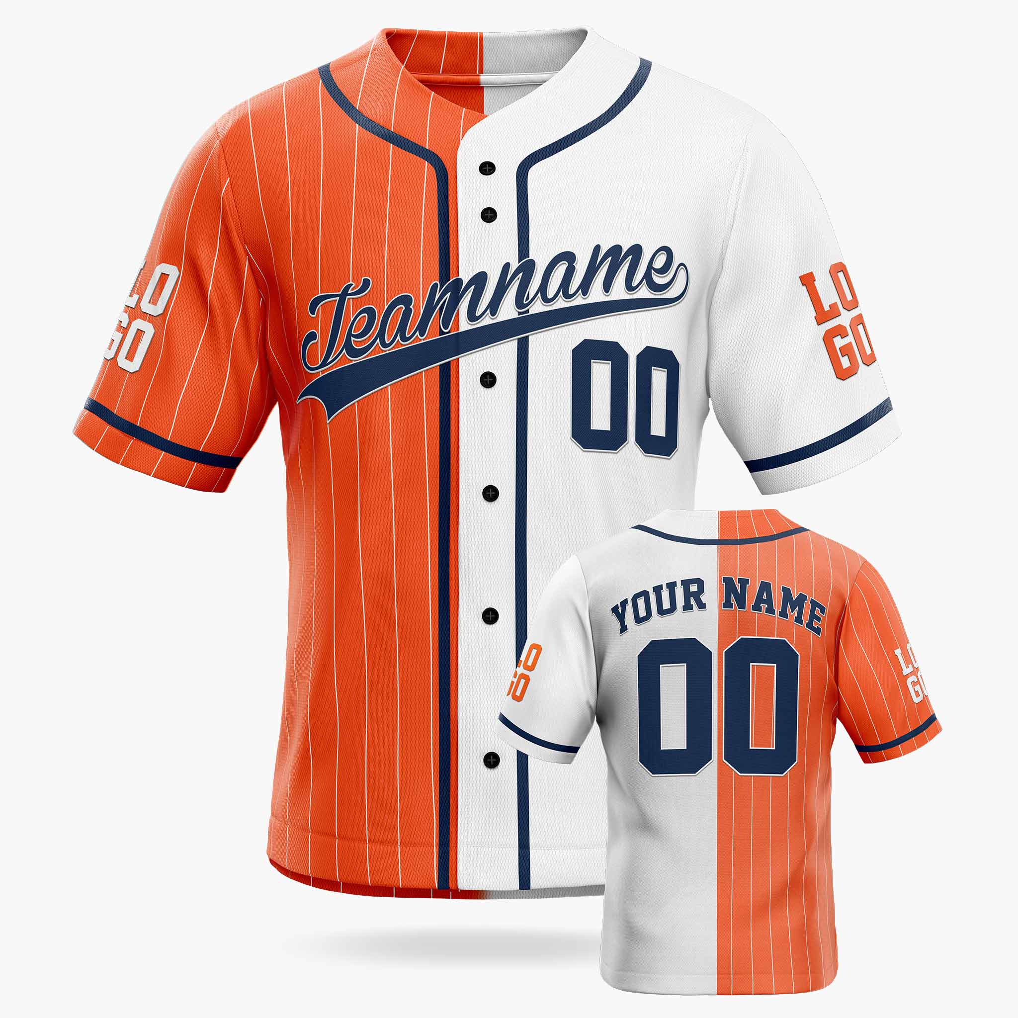 Custom Pinstripe Split Baseball Jersey Orange and White with Navy Piping - Design Your Own