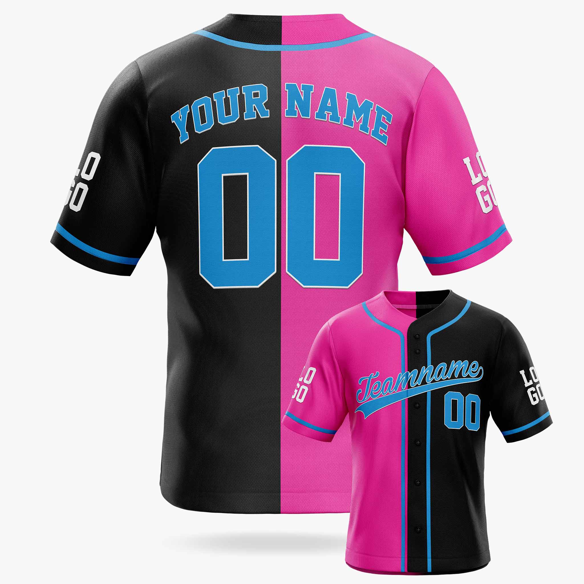 Custom Split Baseball Jersey Pink and Black With Blue Piping - Design Your Own
