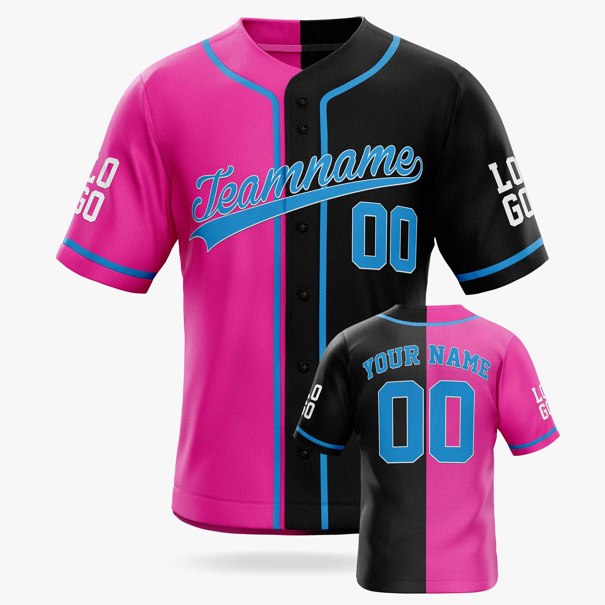 Custom Split Baseball Jersey Pink and Black With Blue Piping - Design Your Own