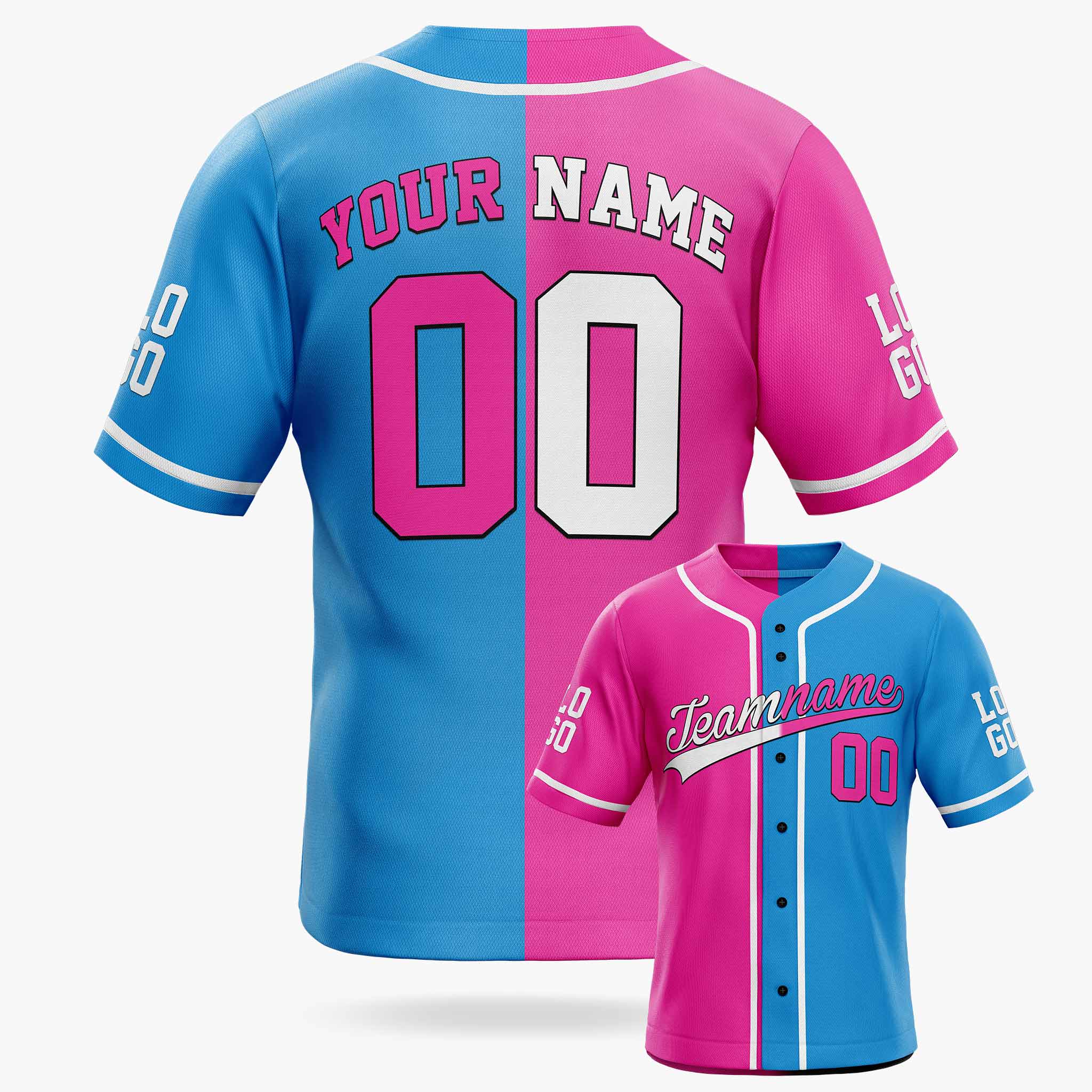 Custom Split Baseball Jersey Pink and Blue With White Piping - Design Your Own