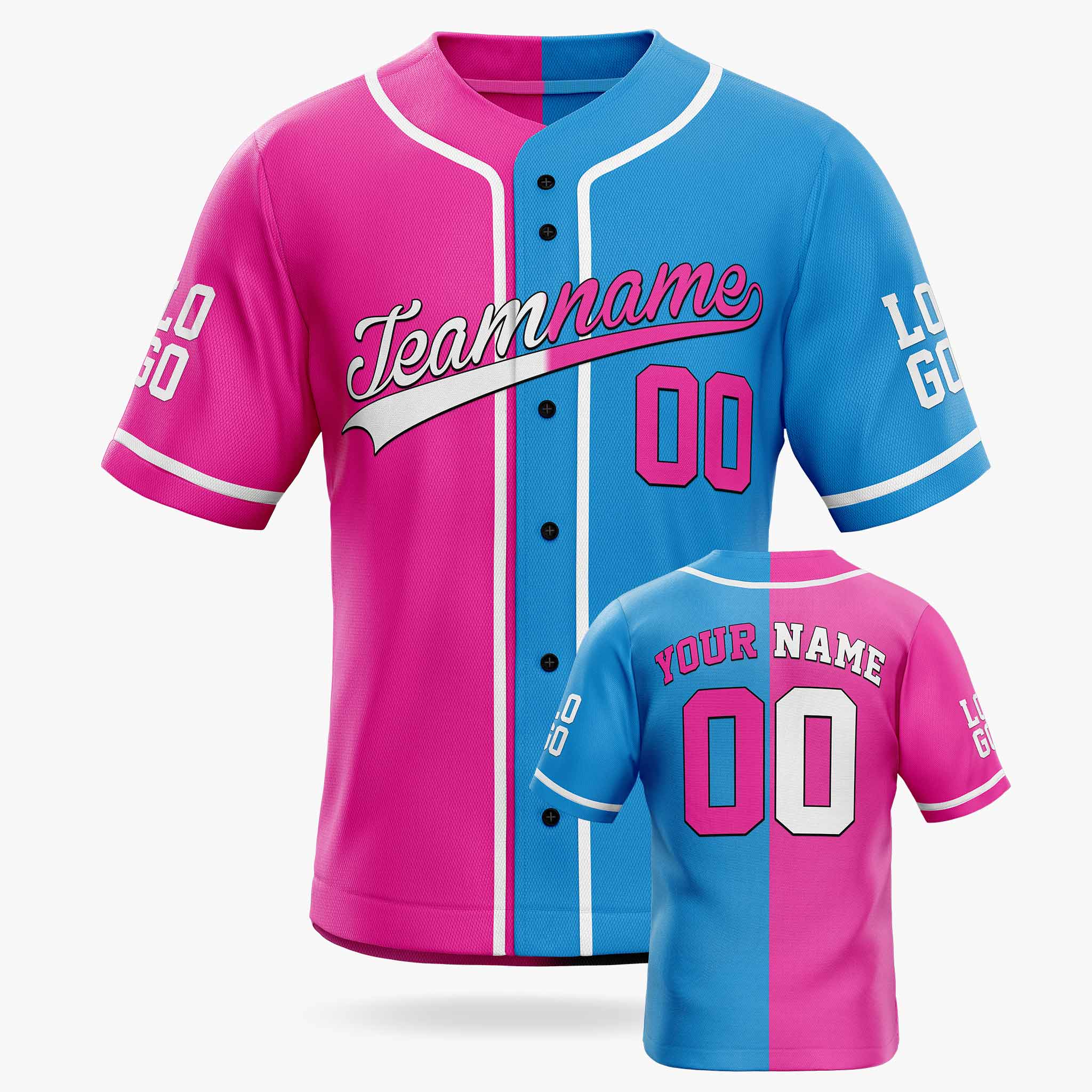 Custom Split Baseball Jersey Pink and Blue With White Piping - Design Your Own