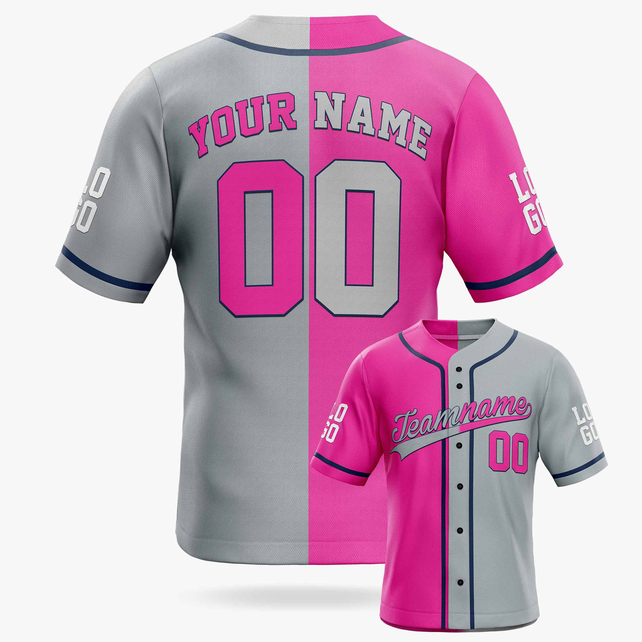 Custom Split Baseball Jersey Pink and Silver With Navy Piping - Design Your Own