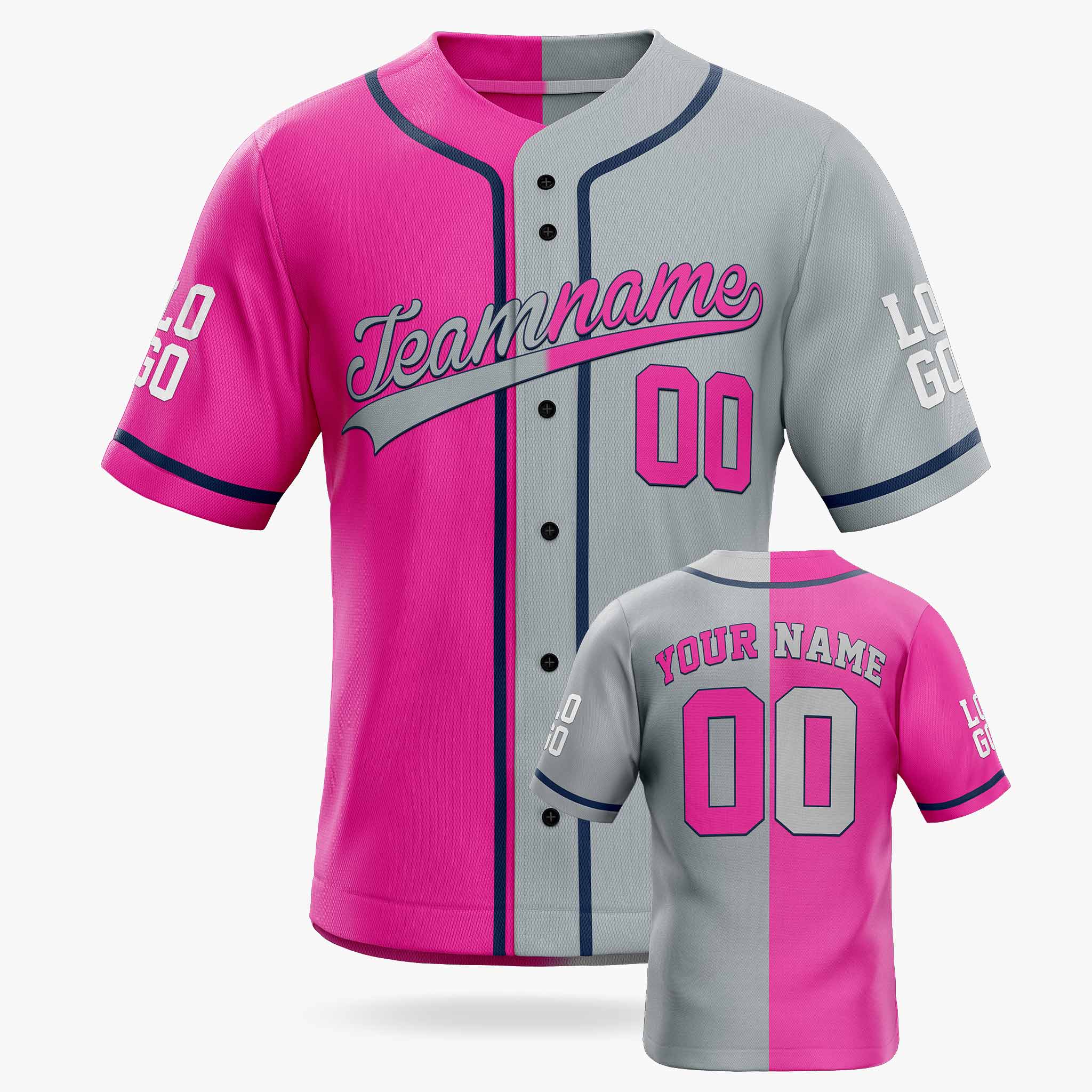 Custom Split Baseball Jersey Pink and Silver With Navy Piping - Design Your Own