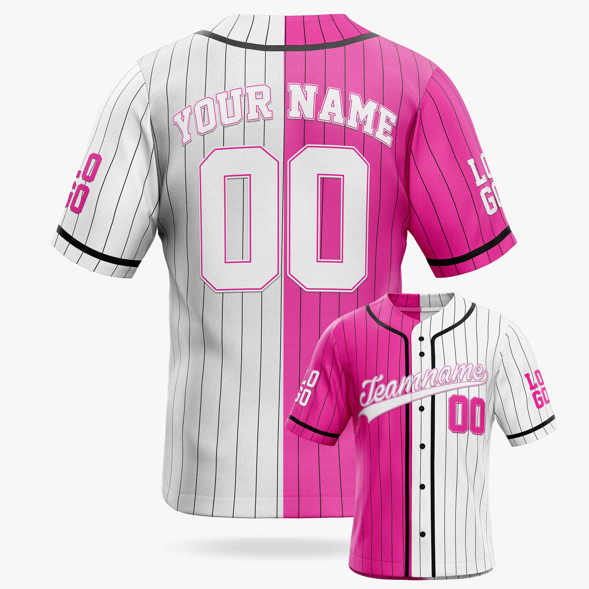 Custom Pinstripe Split Baseball Jersey Pink and White with Black Piping - Design Your Own