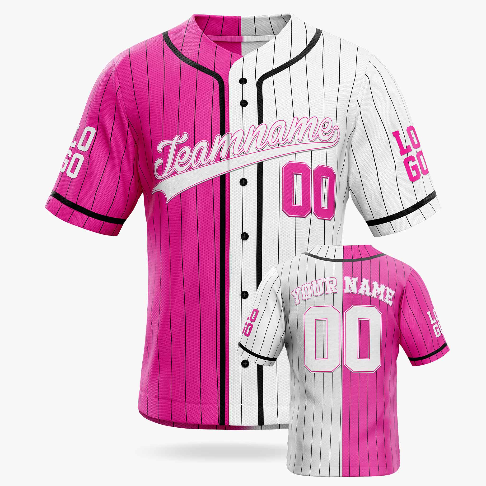 Custom Pinstripe Split Baseball Jersey Pink and White with Black Piping - Design Your Own