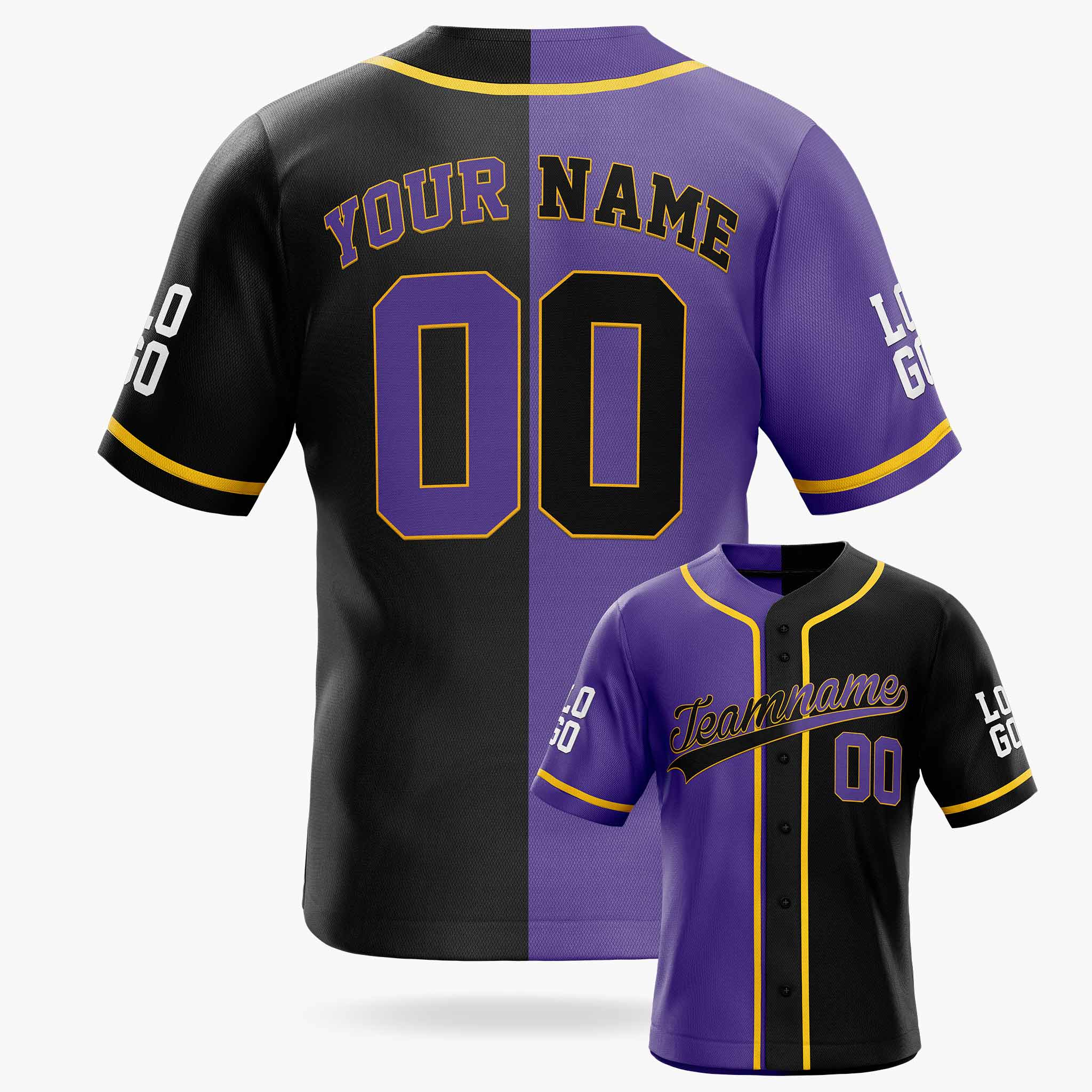 Custom Split Baseball Jersey Purple and Black with Yellow Piping - Design Your Own