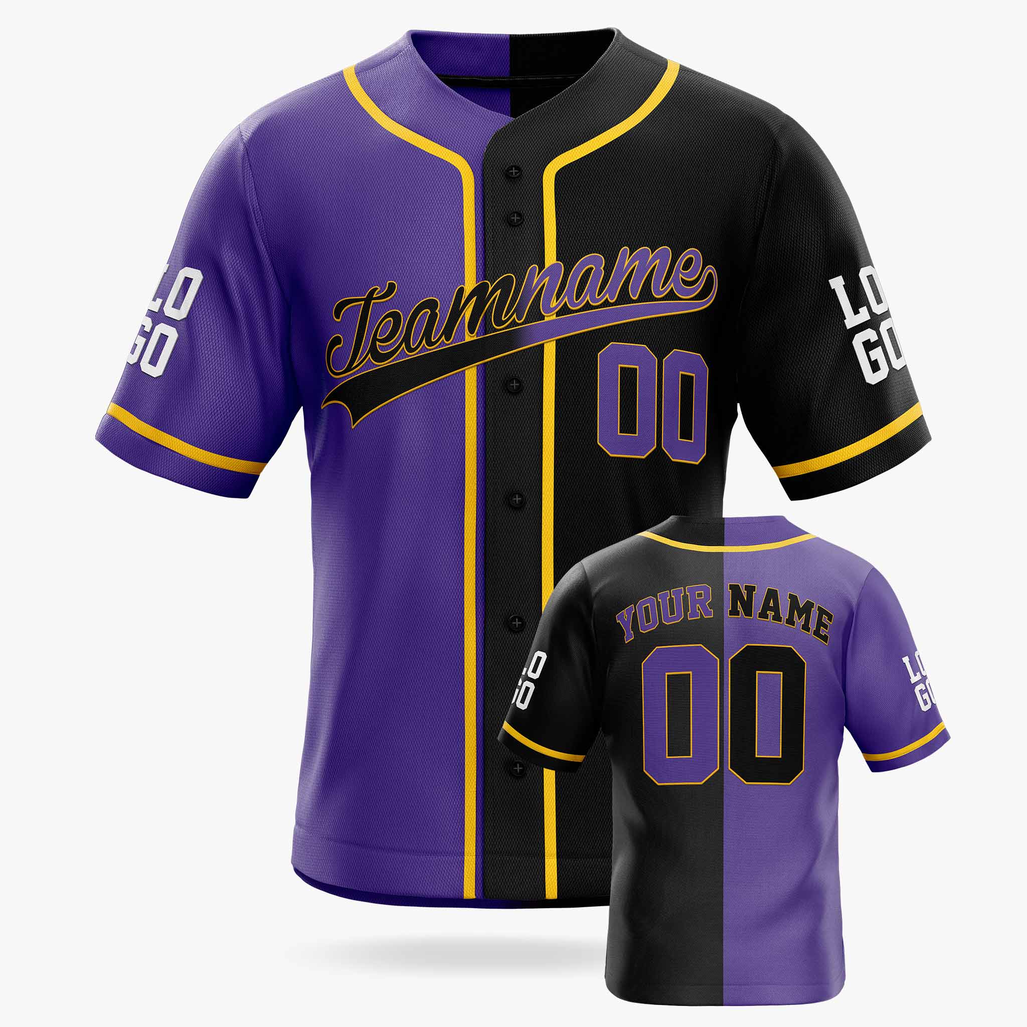 Custom Split Baseball Jersey Purple and Black with Yellow Piping - Design Your Own