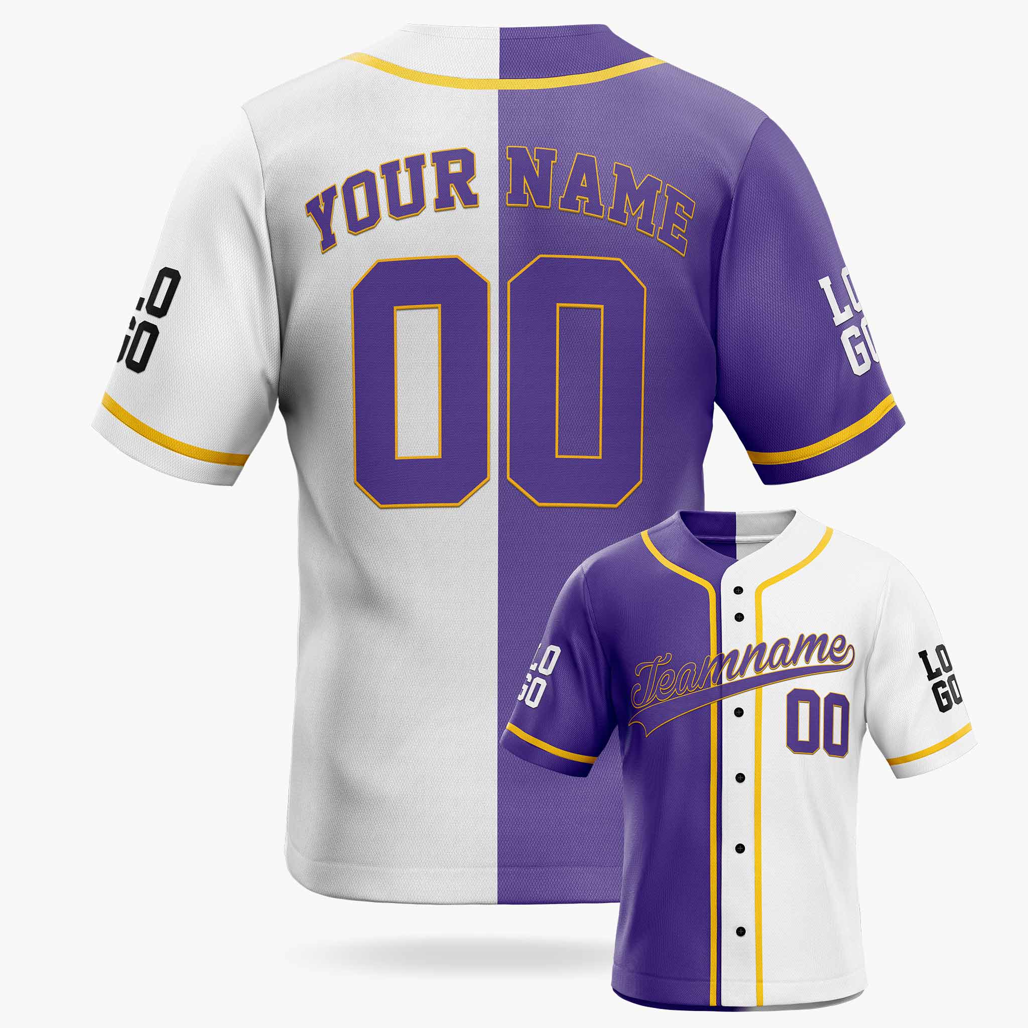 Custom Split Baseball Jersey Purple and White with Yellow Piping - Design Your Own
