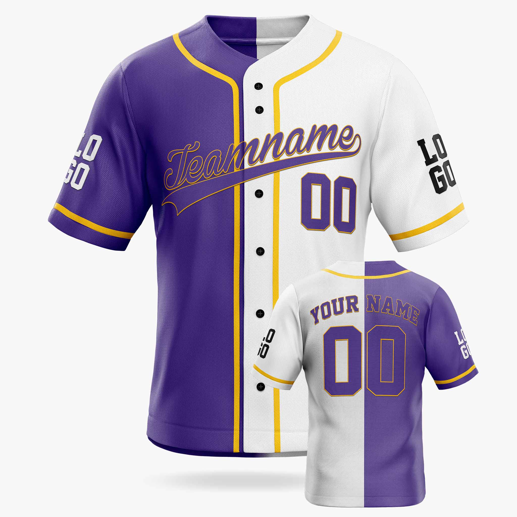 Custom Split Baseball Jersey Purple and White with Yellow Piping - Design Your Own