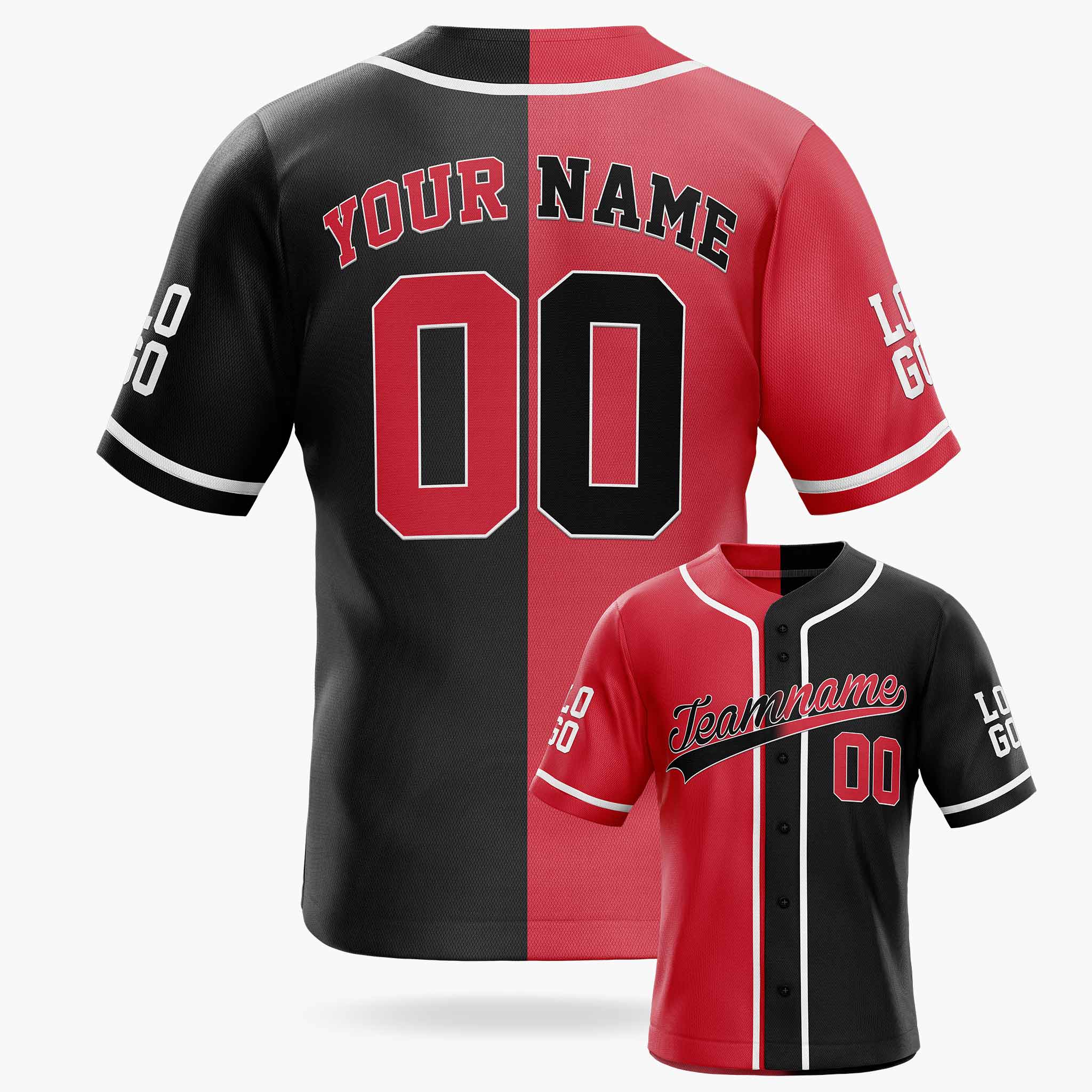 Custom Split Baseball Jersey Red and Black With White Piping - Design Your Own