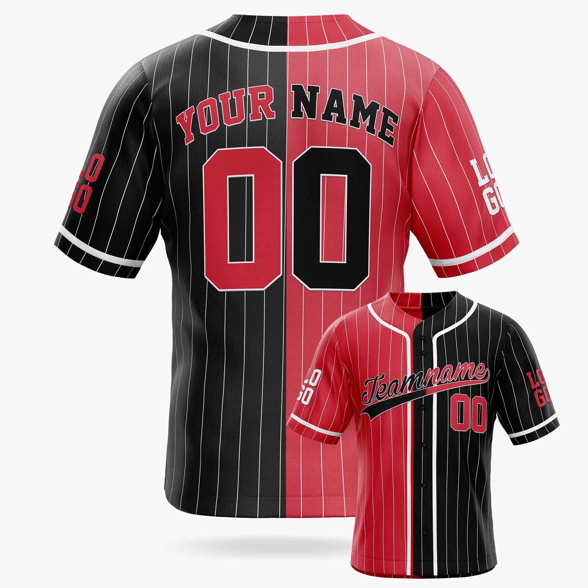 Custom Pinstripe Split Baseball Jersey Red and Black with White Piping - Design Your Own